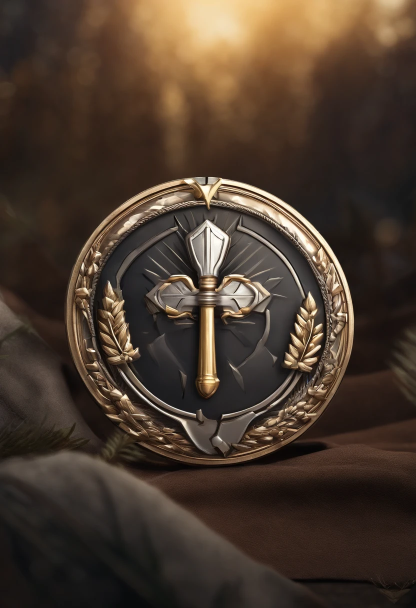 (Game achievement badge design),silver medal,Flat 2D effect,Ear of wheat border,(In the middle of the medallion is the hammer and wrench intersecting icon)