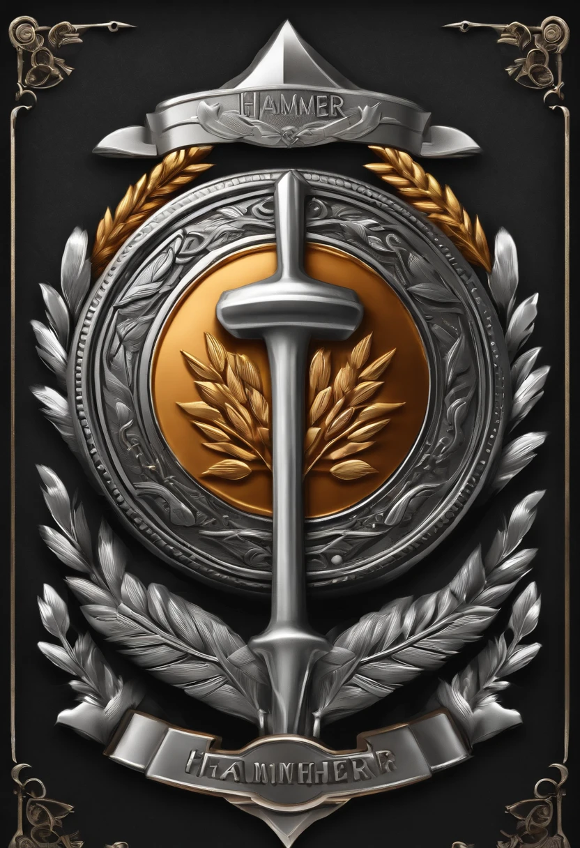 (Game achievement badge design),silver medal,Flat 2D effect,Ear of wheat border,(In the middle of the medallion is the hammer and wrench intersecting icon)
