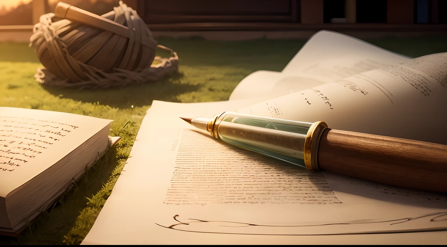 A serene image of an ancient parchment opened, with a writing quill delicately resting beside it. In the background, a peaceful scene of a sunset over a green field