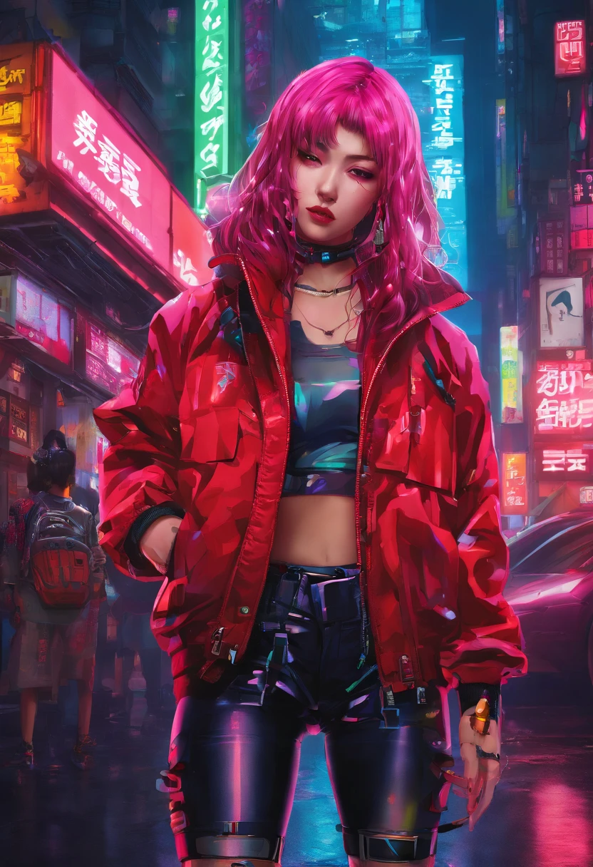 japanaese girl,pale skin,beatiful face,rose hair,showsmiddle finger,red jacket Tokyo, with Cyberpunk style,Japanese streetwear,Tokyo Fashion,Wearing a Cyberpunk 2 jacket 0 7 7