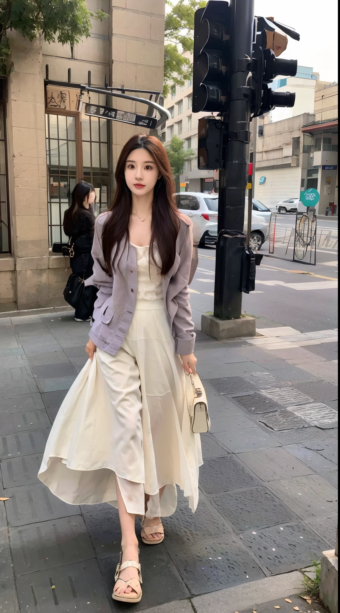 Alapi woman in dress and jacket standing on the sidewalk, CGCOSIETY, Gorgeous young Korean woman, Middle Metaverse, wearing white camisole, white lace clothing, korean women's fashion model, Lovely woman, gorgeous chinese models, photo of slim girl model, Lace, Beautiful young Korean woman, bae suzy, fancy top