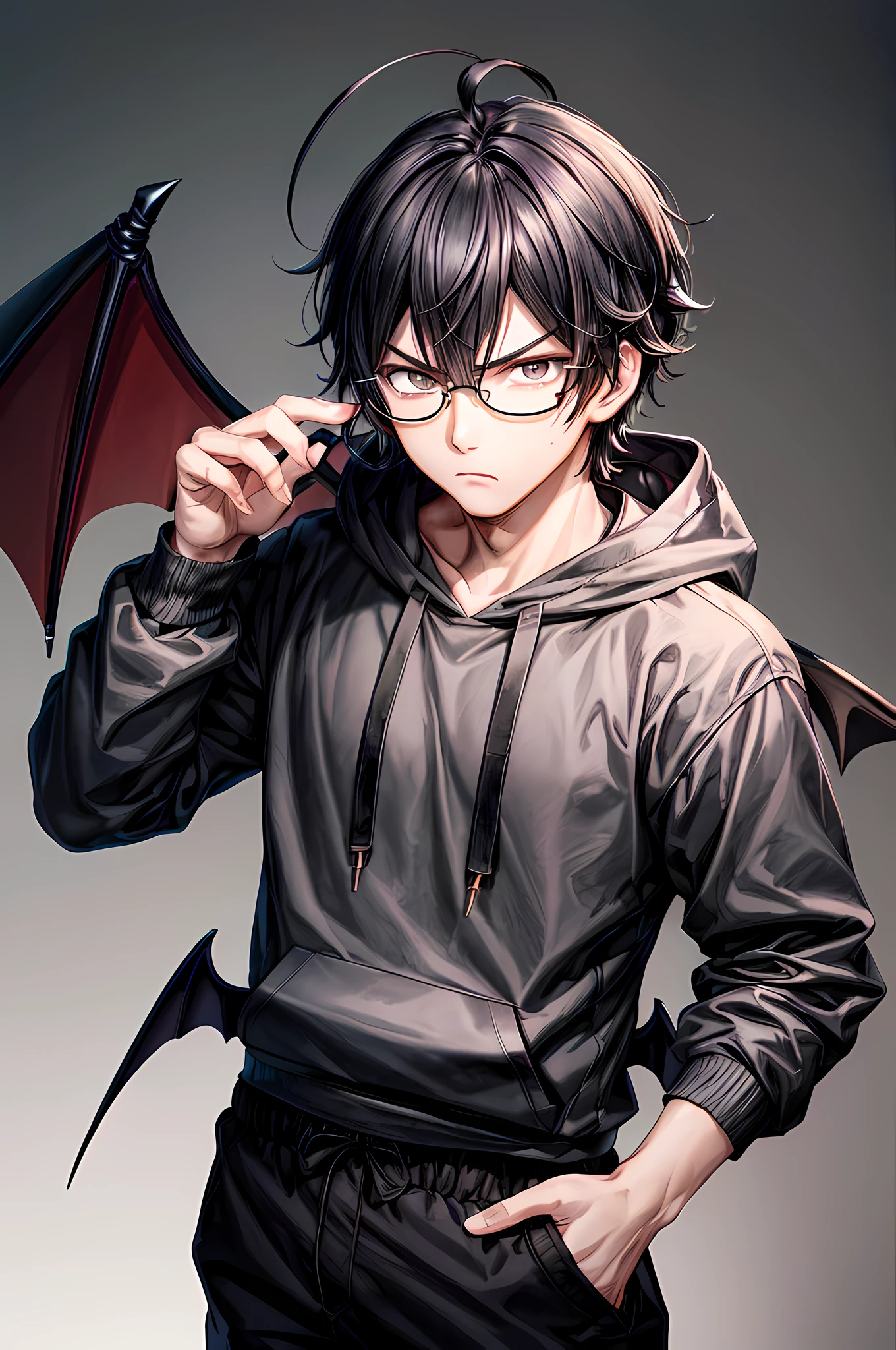 best quality,masterpiece,original,extremely detailed wallpaper,looking at viewer,1boy,male focus,solo,adult,black hair,ahoge,black-framed_eyewear,black hoodie,striped pants,black pants,bat_wings,angry,