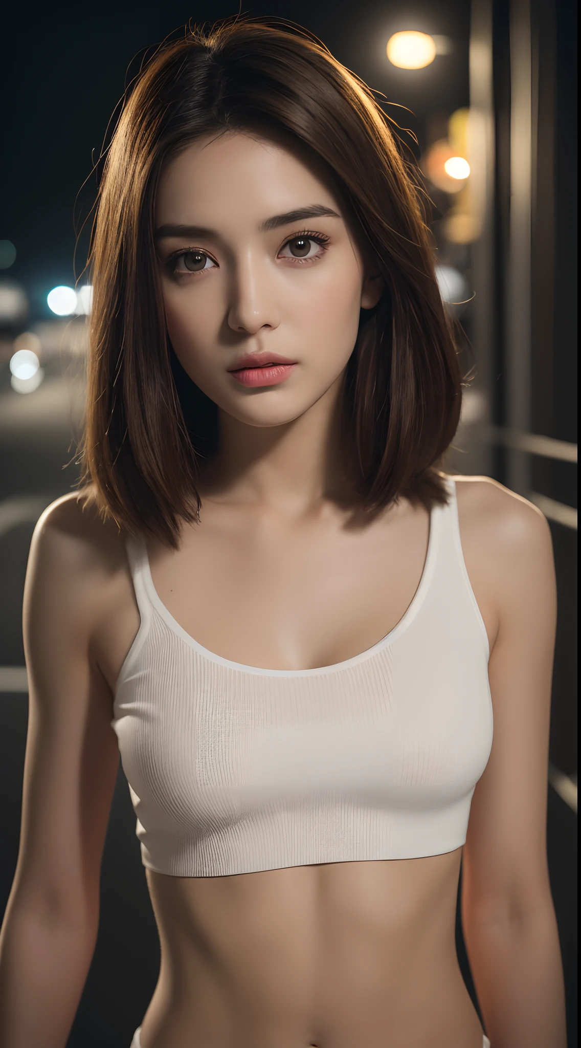 ((Realistic lighting, Best quality, 8K, Masterpiece: 1.3)), Clear focus: 1.2, 1girl, Perfect Figure: 1.4, Slim Abs: 1.1, ((Dark brown hair)), (White crop top: 1.4), (Outdoor, Night: 1.1), Eiffel Tower in background, Super fine face, Fine eyes, Double eyelids,