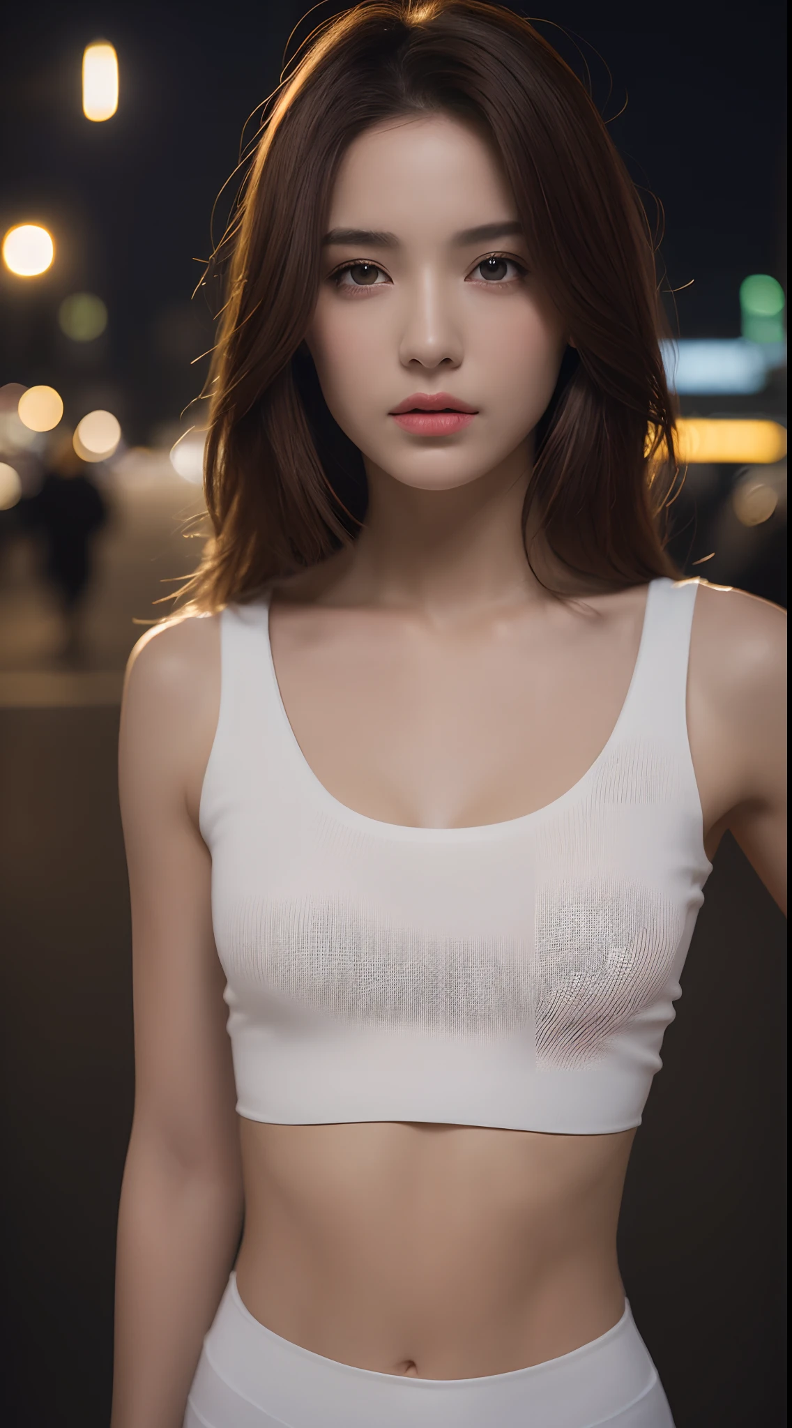 ((Realistic lighting, Best quality, 8K, Masterpiece: 1.3)), Clear focus: 1.2, 1girl, Perfect Figure: 1.4, Slim Abs: 1.1, ((Dark brown hair)), (White crop top: 1.4), (Outdoor, Night: 1.1), City streets, Super fine face, Fine eyes, Double eyelids,