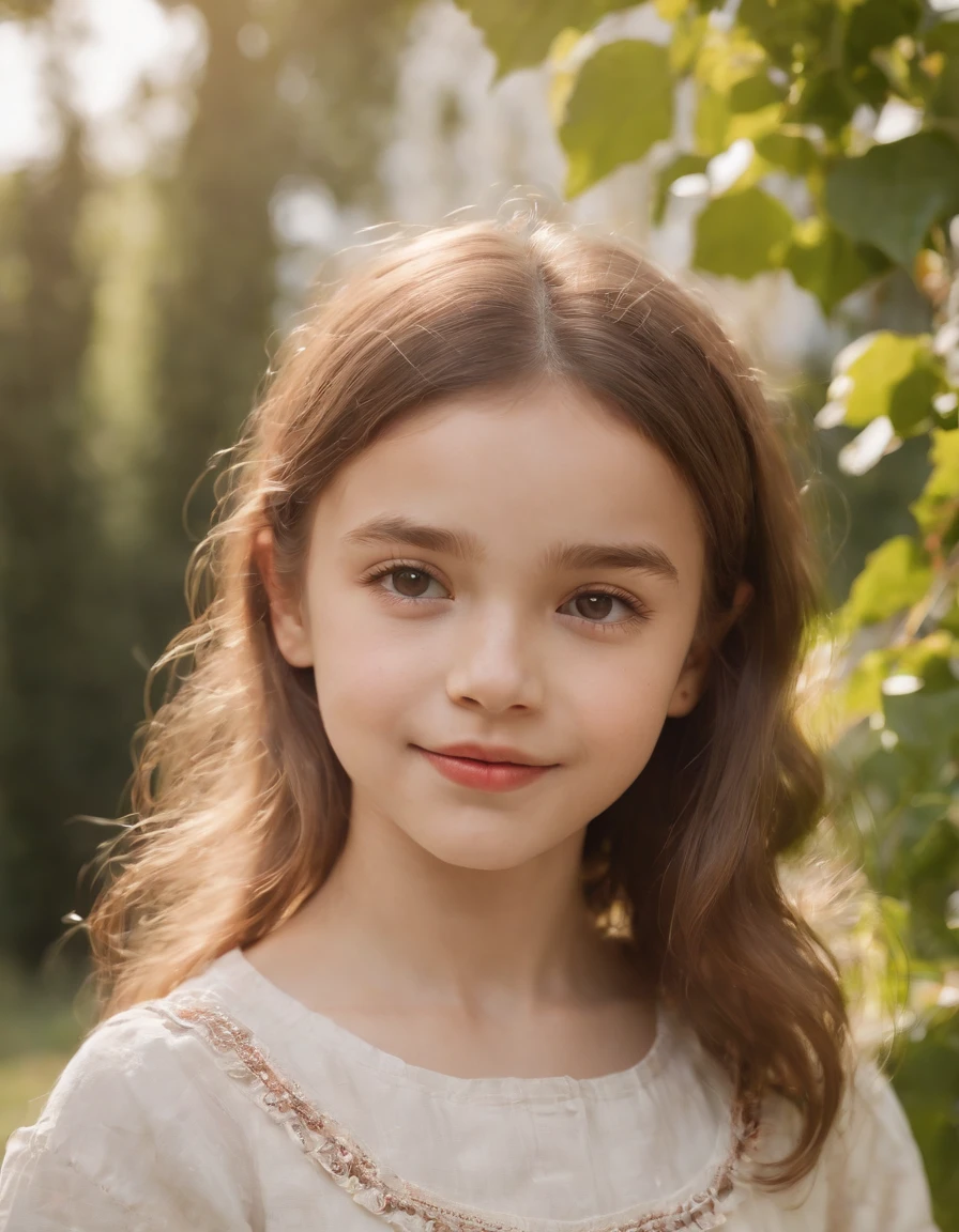 happy little girl in retro baggy clothes, side light, sunny day, garden in the background, bokeh style, high quality photo (upper body)