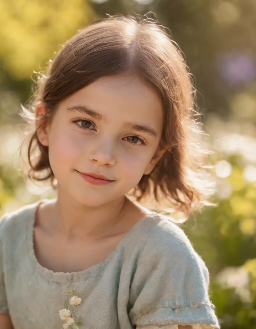 happy  girl in retro baggy clothes, side light, sunny day, garden in the background, bokeh style, high quality photo