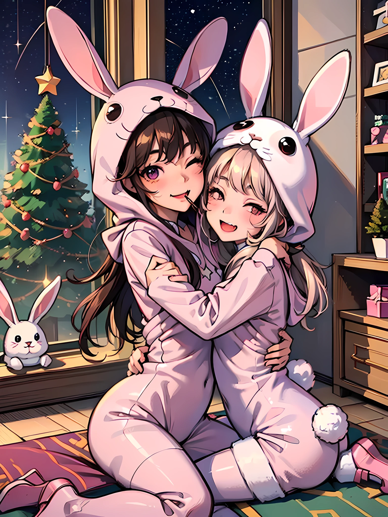 (((rabbit costume))), (((kigurumi))), 2 girls, sisters, blushing, smile, (mouth open with fang), eyes closed, (older sister hugs younger sister from behind) , hug back, pink room, gift box on the floor, fir tree, stars visible from the window, starlight, star, 4kcg wallpaper, ultra detailed, extremely detailed and delicate, starlight, statistics