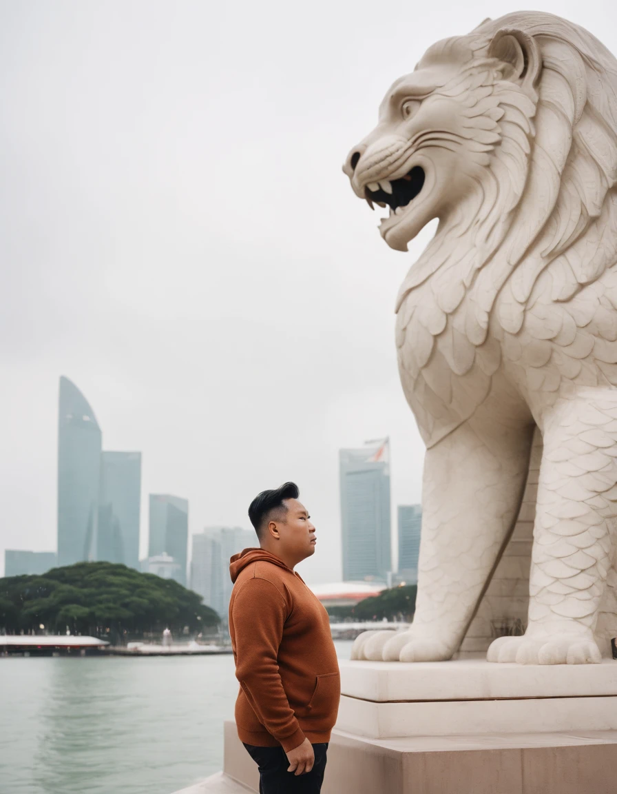 indonesian fat bally man wearing brown sweater and brown boots in front of merlion singapore, in the style of dark orange and white, monochrome geometry, zigzags, white and beige, photo taken with provia, dark beige and white, reefwave (medium shot)
