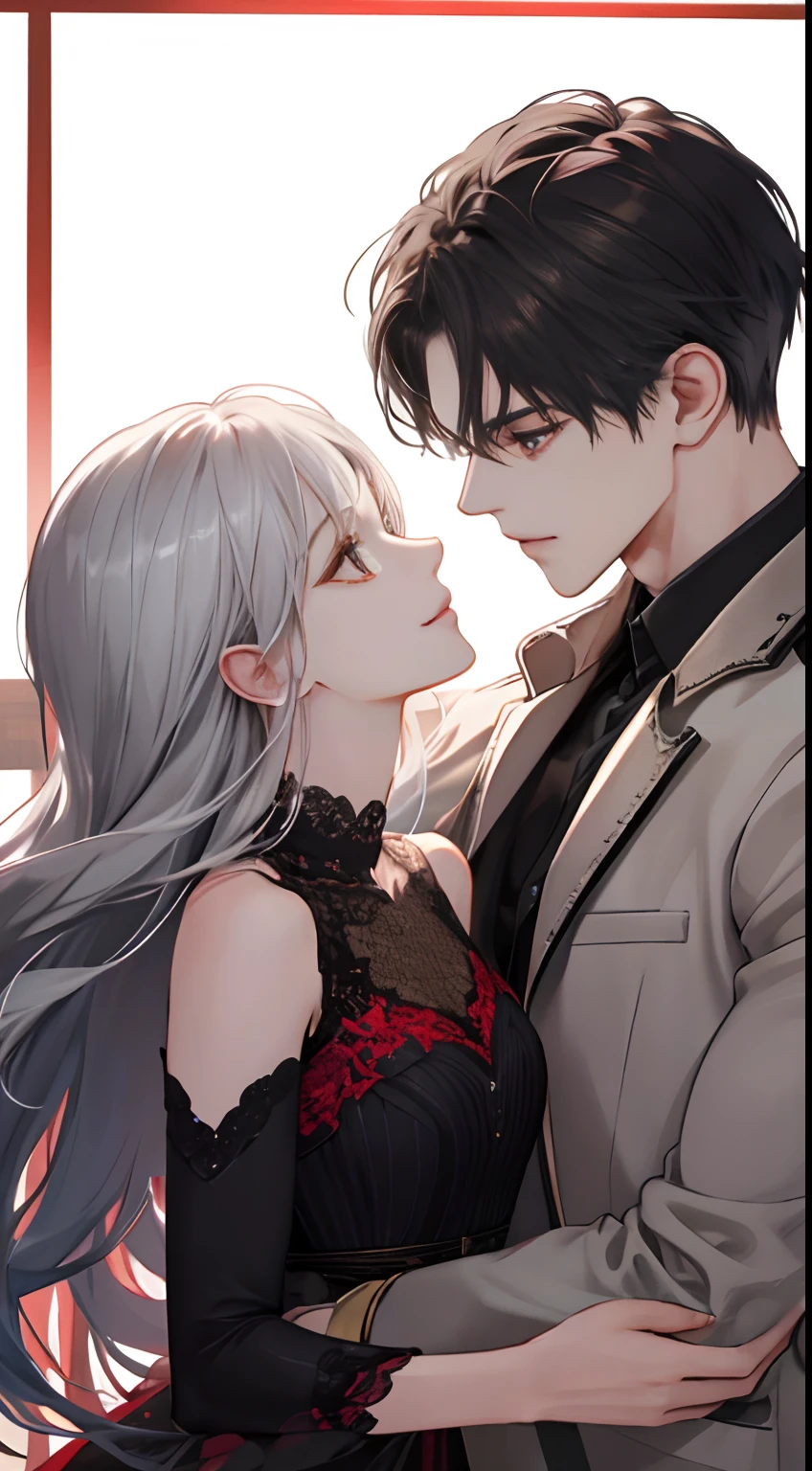 (extreamly delicate and beautiful:1.2), 8K, (tmasterpiece, best:1.0), Two male, One female, Upper body body, black-haired, silver hair, red dark hair, love triangle, 2 male 1 female - love triangle, vibrant colors