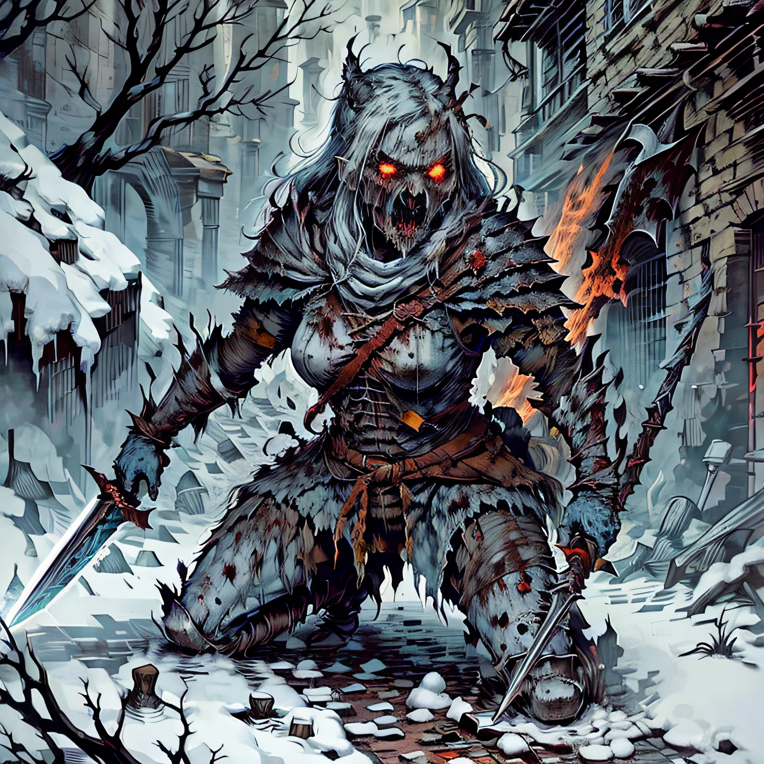 gore, zombie warrior woman with axe on her hand, wounded, short rags, bloody, war scream, fight stance, snowfield, snow mountain, dark atmosphere, horror theme