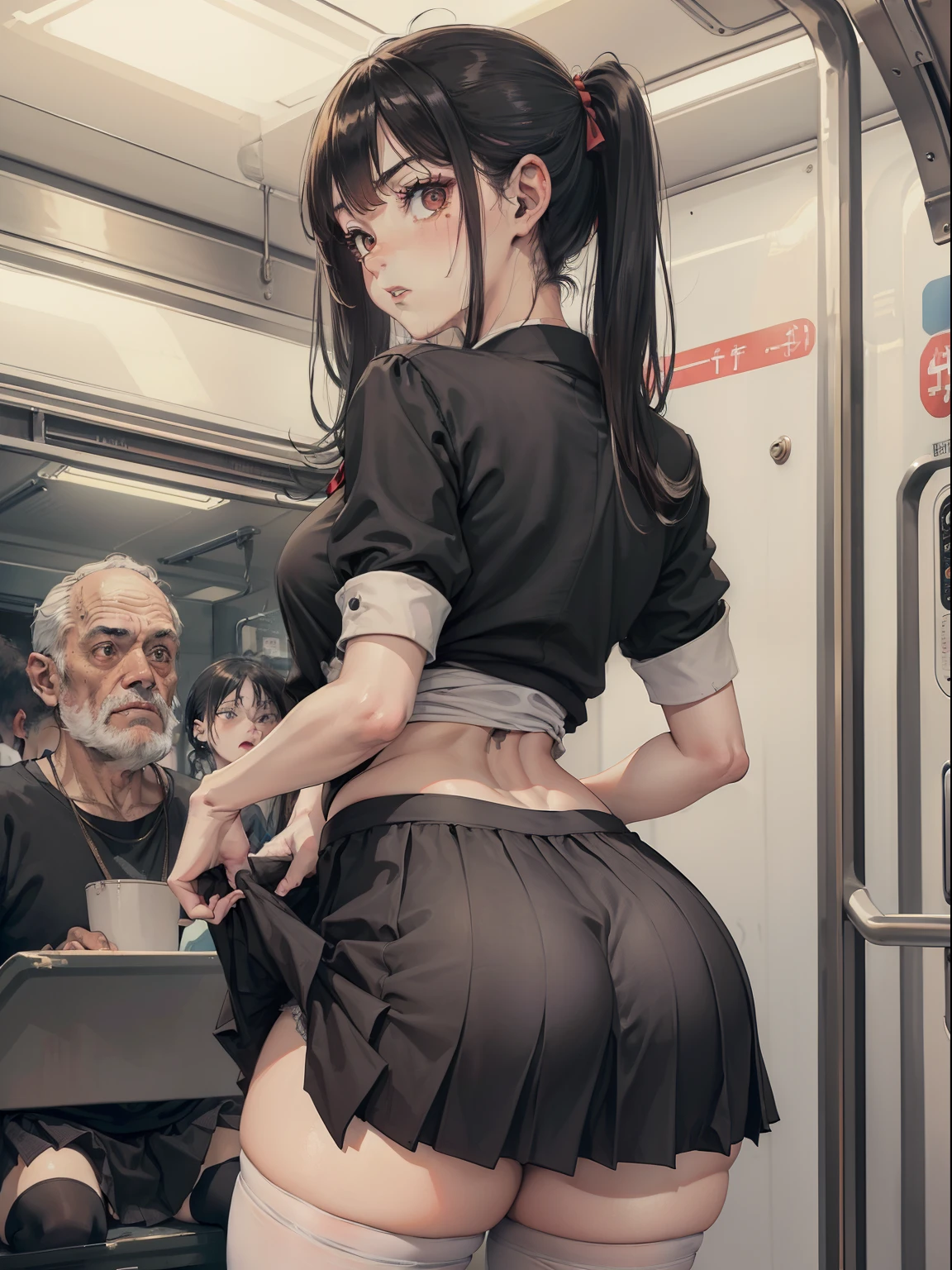 SFV, ((Realistic, masutepiece)), (Detailed scene inside a super-crowded subway train), (VERY crowded subway train interior detailed background), Stand crazy (woman 1) Use something sexy ((School uniform)), (((Lifted skirt))), ((Big ass)), ((Thick)), ((3/4 White stockings)), (fear expression), Be red in the face, Old Thin Ass Touching Woman 1 Woman Touching 1 Woman Touching From Behind 1,(((very old ((ugliness) skinny)  (Old Man Black), (Bad clothes) Pressing the chest to the woman's back 1))) And (((Hold her hips behind you)))