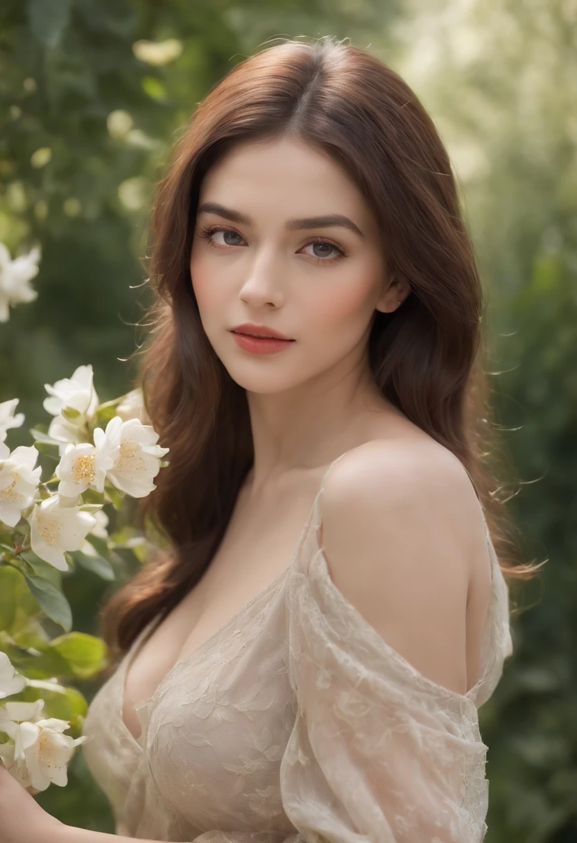 (best quality,ultra-detailed,highres,masterpiece:1.2), nude female figure standing in a lush garden,beautiful detailed eyes,beautiful detailed lips,beautiful curves of the body,flowing black hair,feminine and graceful posture,subtle sunlight streaming through the trees,serene and peaceful atmosphere,oil painting or realistic rendering,dark and vibrant colors,soft and delicate skin texture,fine details of the flowers and leaves in the garden,impressive depth and perspective,strong physical presence of the model,delicate and intricate brushstrokes,contrasting light and shadow,smooth and harmonious composition,purity and innocence, Pin-Up style,desirable and confident demeanor.