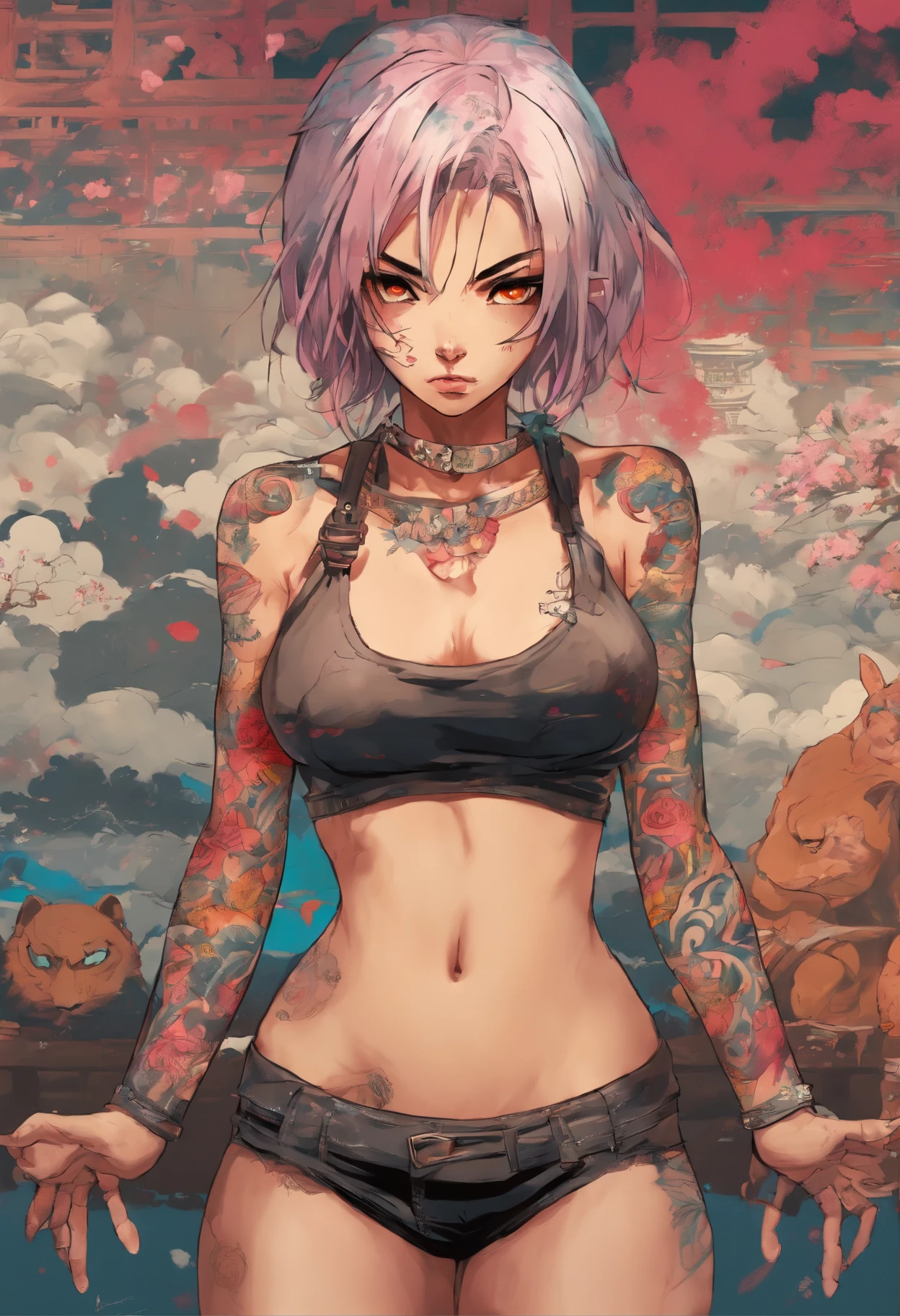 (Best Quality,4K,8K,hight resolution,masutepiece:1.2),Ultra-detailed,(Realistic,Photorealistic,Photorealsitic:1.37),(Girl with Japanese pattern tattoos all over her body:1.8),Quirky costumes,Japan women,Unique hairstyle,piercings:1.8,a tiger,Revealing clothing,Expressive eyes,tiny waist,athletic build,Piercing gaze,confident pose,creative lighting,Background is murder,urban setting,Slum,Street Fight,no-makeup,striking facial features,Colorful leather bikini,Tattered skirt,Japan,Unconventional,His arms folded,gold teeth,punk fashion,Loud accessories:1.8,Attention-grabbing appearance,Unconventional beauty,Abnormal muscularity:1.8,exquisite detailing,dramatic compositions,Energetic brushwork,Graffiti-inspired artwork,Complex pattern,Futuristic elements,Emotional expression,Unapologetic attitude,Dangerous self-confidence,audacious,Split abs:1.8,Torn clothing,Mysterious aura,Killing,Killer,Feared existence,Attracted by her charisma,A pink-haired,Sheared hair,she stands out from the crowd.
