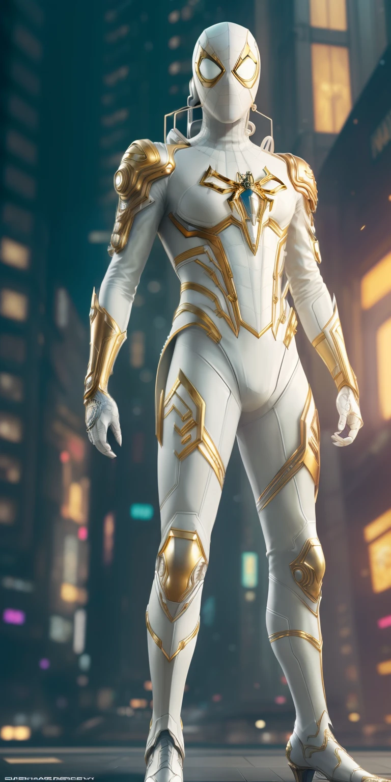 ((White and gold color)), spiderman, ((highly detailed white and gold suit)), precise details, detailed suit, fantasy, dramatic, intricate, elegant, highly detailed, digital painting, art station, concept art, focus smooth and crisp, illustration, art by gustave dore, octane, 4k, (cyberpunk:1.4), (solo:1.4), combat pose, add effects at the end
