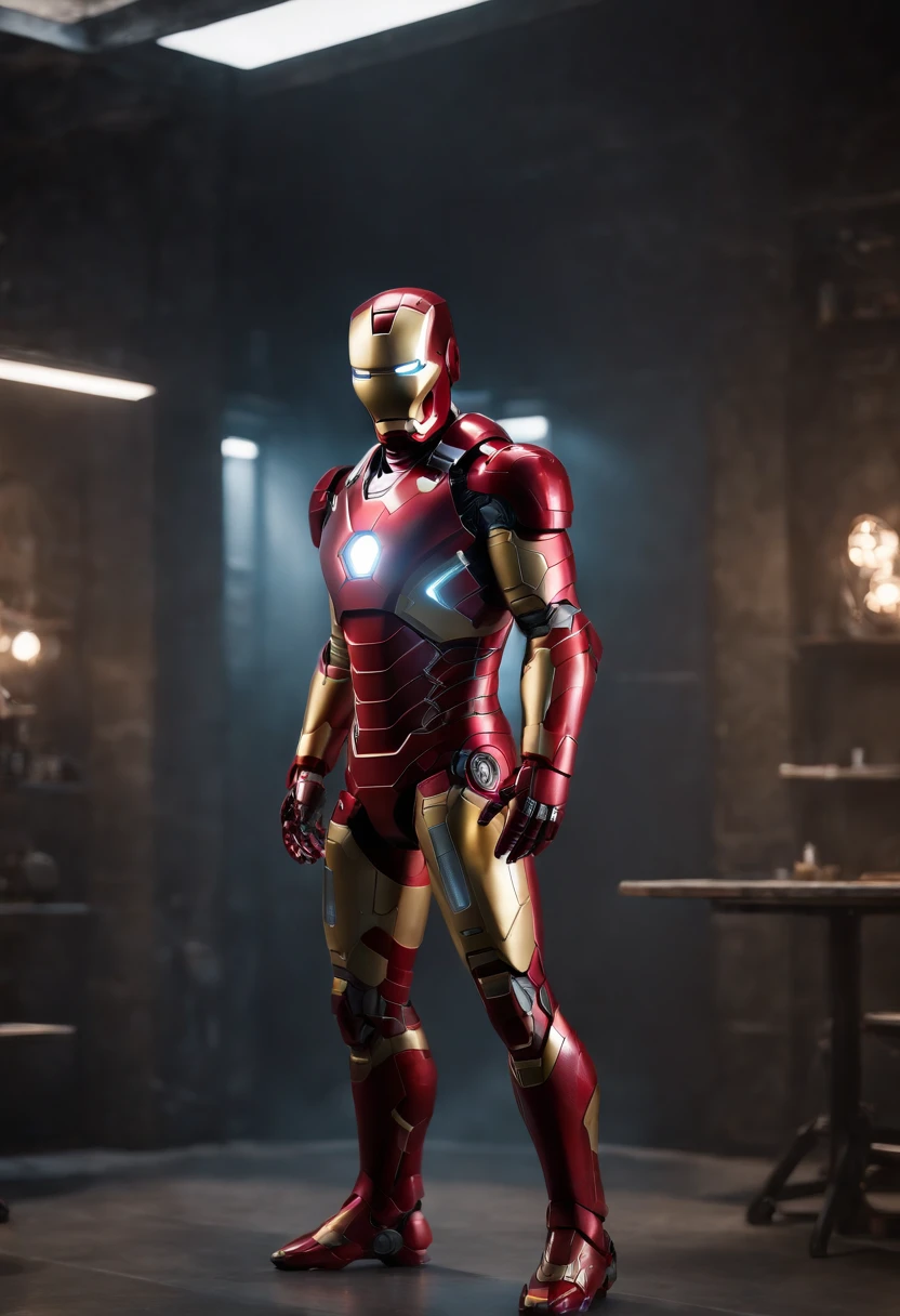 Marvel's somber half-length portrait of Iron Man behind a stainless steel table, with intricate angular cybernetic implants within a futuristic kitchen, cyberpunk, Foto premiada, Neon lights, cybernetic limb, obra maestra, UHD, 32K, ultrarrealista, HQ 4K, Renderizado en Unreal Engine 4K HQ, Renderizado en Unreal Engine 4K HQ, Arte conceptual 4K e hiperrealismo, Renderizado 4K detallado, Ironman, ArtStation 4K, Renderizado 4K de alto detalle, Tendencias 4K en la sede de ArtStation, Extremadamente fotorrealista