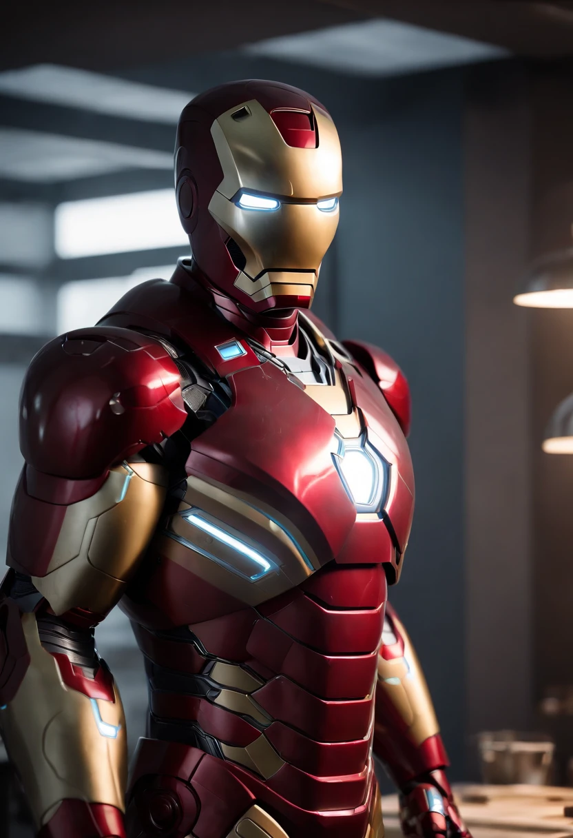 Marvel's somber half-length portrait of Iron Man behind a stainless steel table, with intricate angular cybernetic implants within a futuristic kitchen, cyberpunk, Foto premiada, Neon lights, cybernetic limb, obra maestra, UHD, 32K, ultrarrealista, HQ 4K, Renderizado en Unreal Engine 4K HQ, Renderizado en Unreal Engine 4K HQ, Arte conceptual 4K e hiperrealismo, Renderizado 4K detallado, Ironman, ArtStation 4K, Renderizado 4K de alto detalle, Tendencias 4K en la sede de ArtStation, Extremadamente fotorrealista