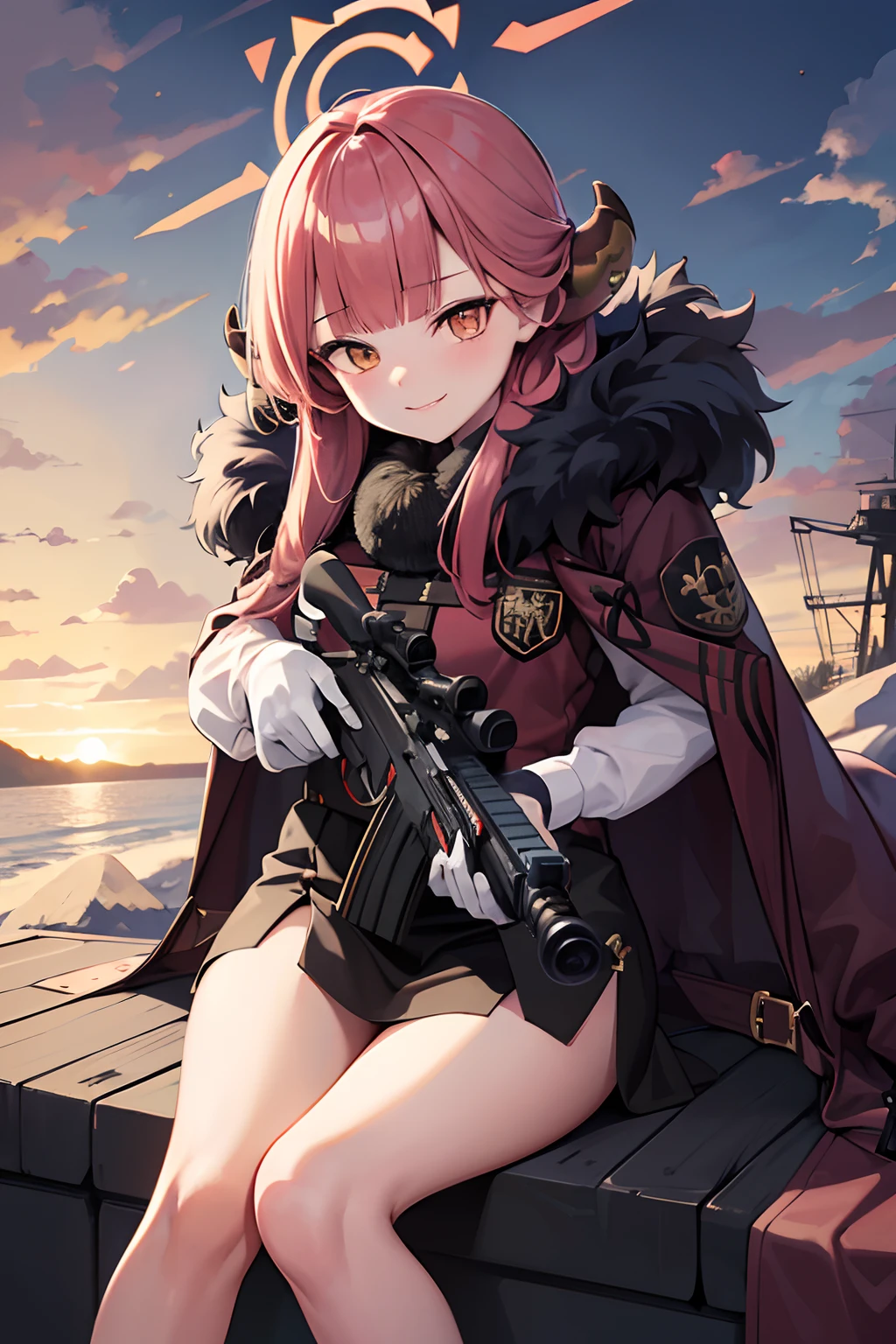 aru (blue archive), aru (new year) (blue archive), aru, halo, horn, fur_trim, gun, weapon, rifle, sniper_rifle, 1girl, holding_gun, fur-trimmed_coat, fur-trimmed_sleeves, fur_collar, fur-trimmed_jacket, holding_weapon, bolt_action, coat, gloves, anti-materiel_rifle, fur_coat, fur-trimmed_cape, solo, scope, bullpup, long_hair, skirt, smile