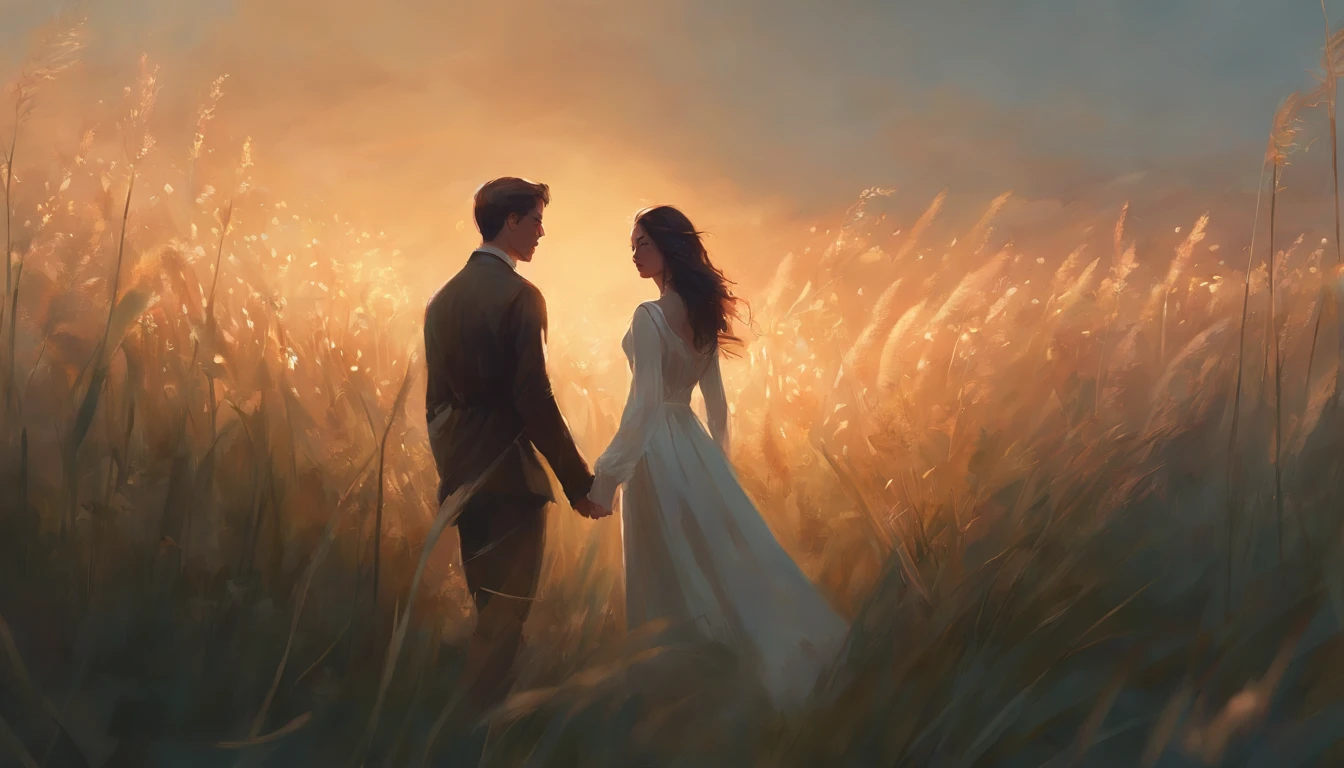 they are standing in a field of tall grass holding hands, artwork in the style of guweiz, beautiful digital artwork, cinematic. by leng jun, wlop and ross tran, 8k artgerm bokeh, by jeonseok lee, wlop and sakimichan, beautiful digital illustration, neoartcore and charlie bowater