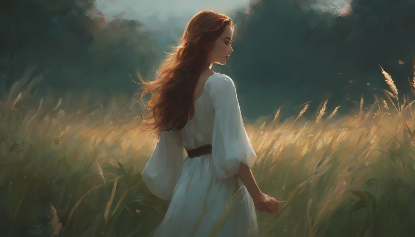 Portrait of a cute woman in a bright windy field, Fluss, (Hintergrundbeleuchtung), realistisch, Meisterwerk, highest  quality, Blendenfleck, Schatten, bloom, [[chromatische Aberration]], von Jeremy Lipking, von Antonio J. Manzanedo, Digitale Malerei, Style-GlassFinal, natural skin texture
