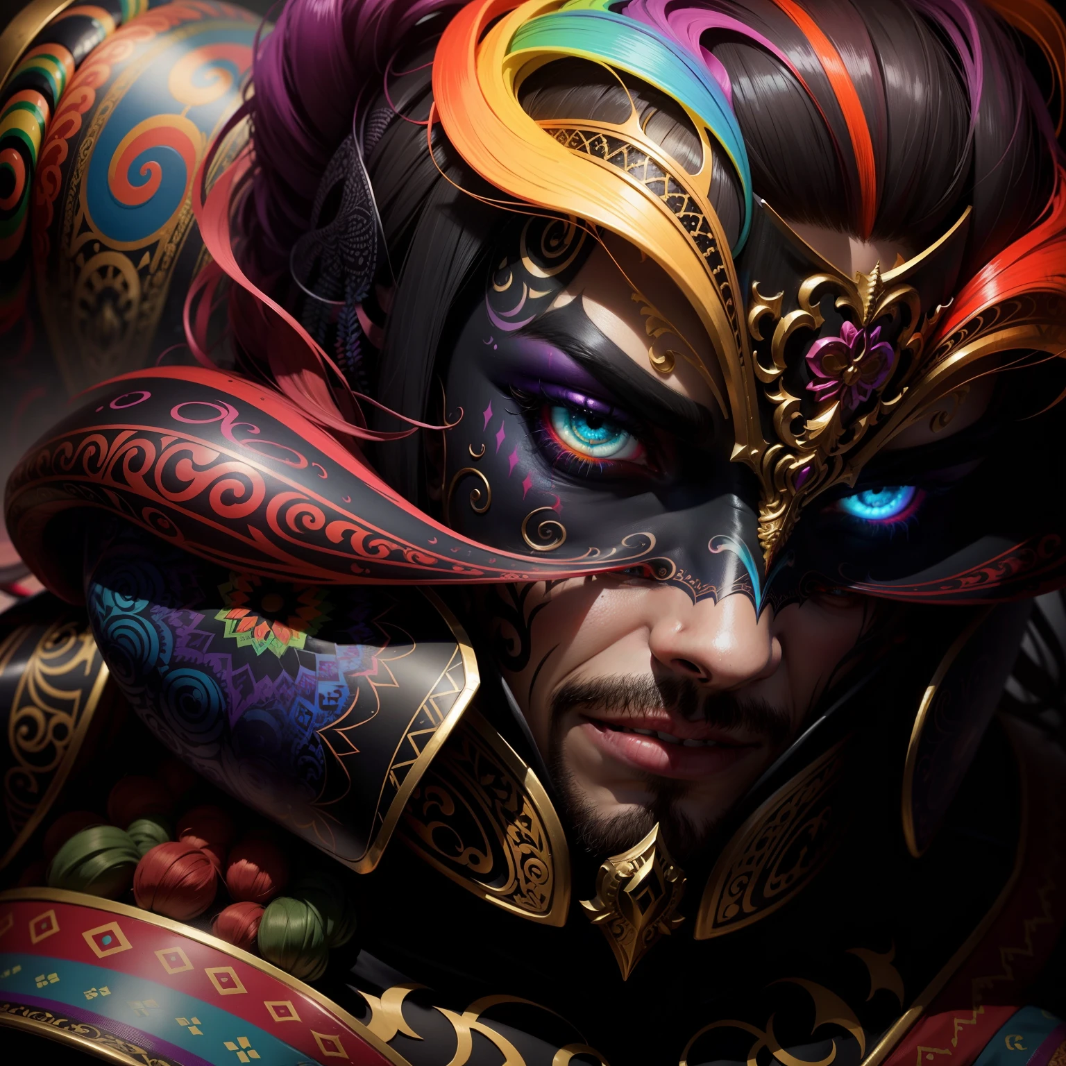 Full face, intricate details face, many colorful, rainbow, psychedelic details, chaos,handsome, evil