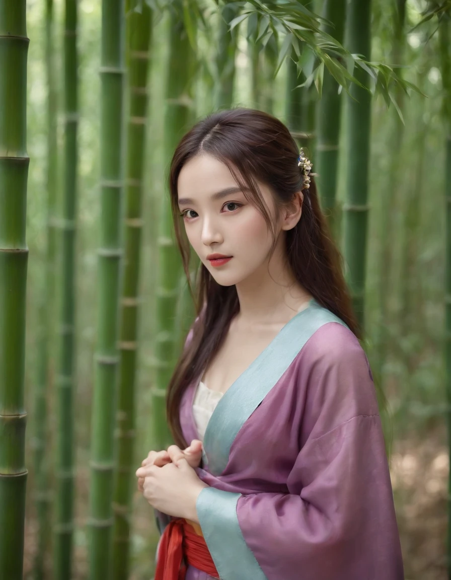 best quality,masterpiece,rich details,in the bamboo forest,1girl,,glamor,black eyes,closed mouth,multicolored hair,long hair,straight hair,swept bangs,hanfu,tang style outfits,,cyan blue upper shan,orange long upper shan,red chest po skirt,multicolour chest pleated skirt,red waistband,purple pibo,(full body:1.2)