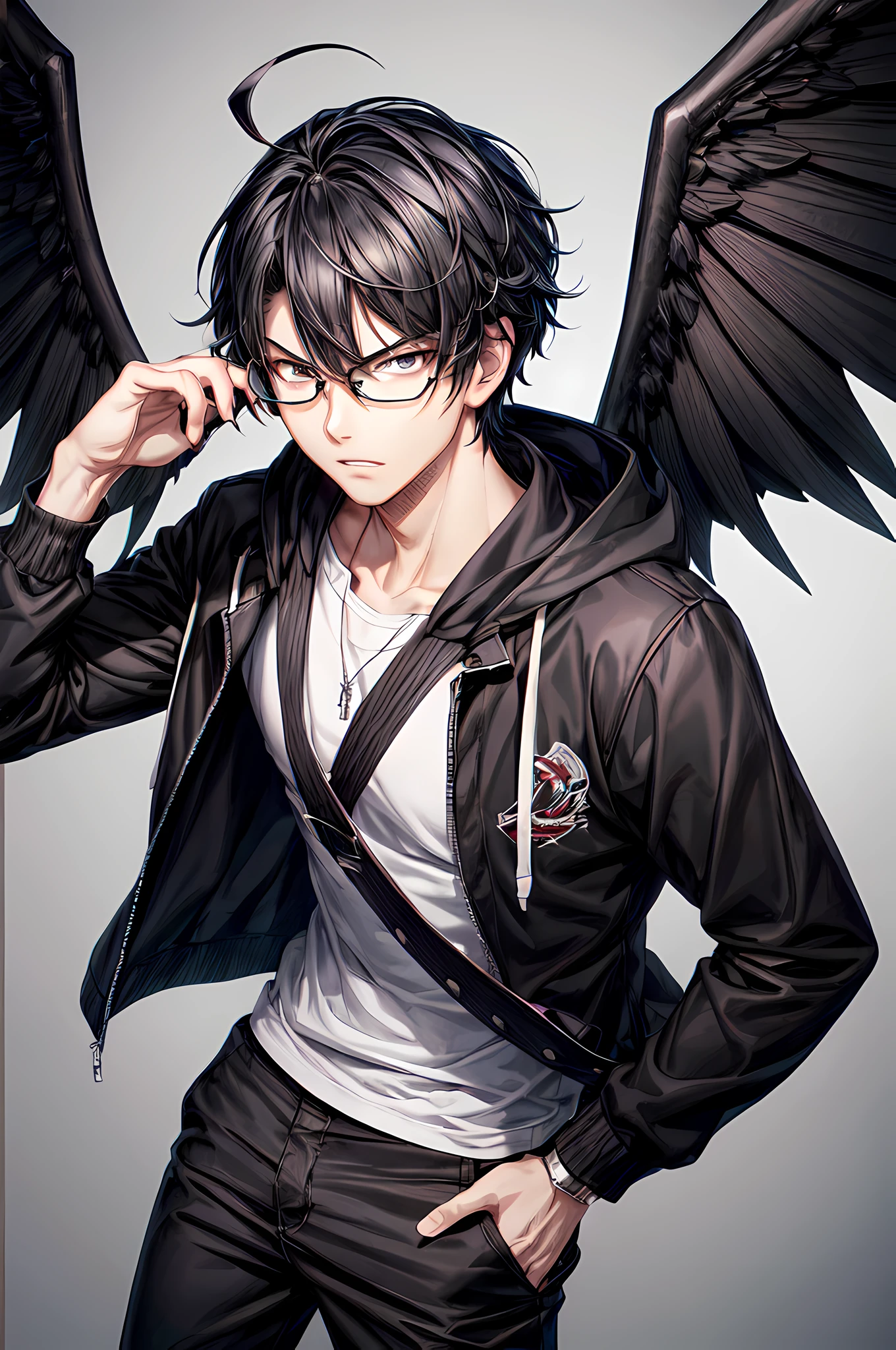 best quality,masterpiece,original,extremely detailed wallpaper,looking at viewer,1boy,male focus,solo,adult,black hair,ahoge,black-framed_eyewear,black hoodie,striped pants,black pants,black wings,angry,