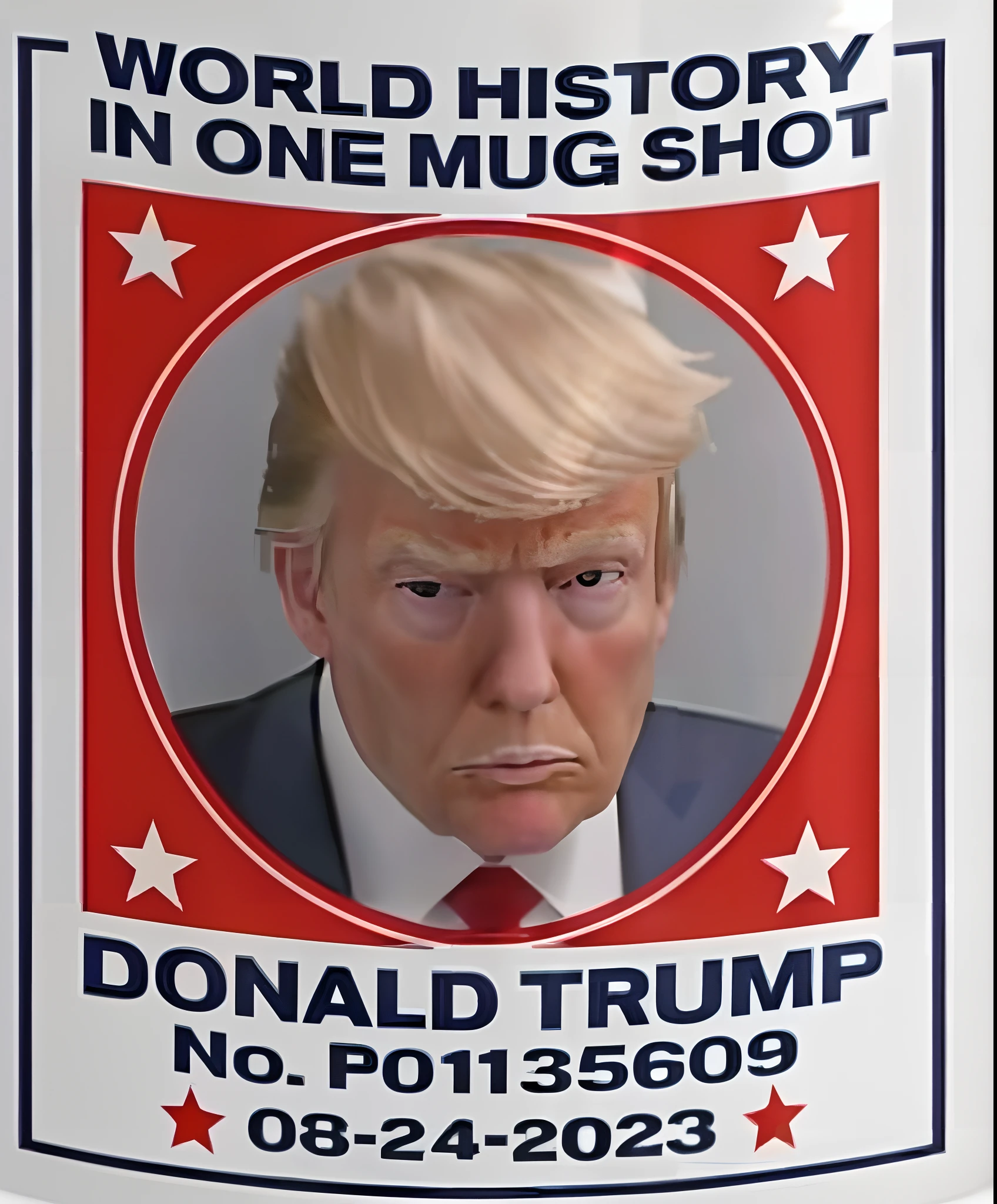 a close up of a mug with a picture of a person on it, donald trump mugshot, mug shot, mugshot!!!, donald trump, mugshot!!!!!, photo of donald trump, mugshot, donald trump in prison, president donald trump, donald trump in jail, funko pop of donald trump, portrait of trump, official product photo, mugshots, trump with a gun, trump