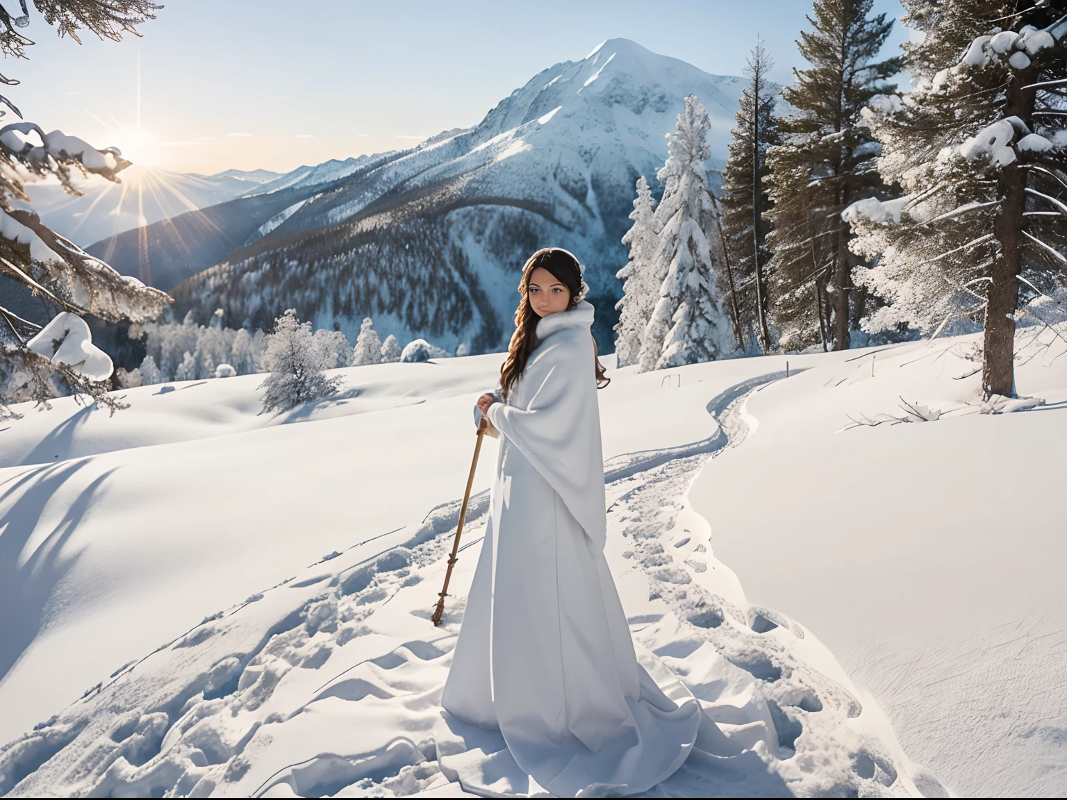 Picture a scene set on a snow-covered mountain peak, where the world below is shrouded in a blanket of white. The air is crisp and cold, filled with the scent of pine and the distant sound of the wind whistling through the valleys.
In the heart of this scene, a young woman stands, her figure silhouetted against the stark, snowy landscape. She is dressed in a cloak of ice and snow, her hair flowing around her like a frozen waterfall. In her hands, she holds a staff, its tip glowing with a soft, ethereal light.
Around her, the world is in a state of quiet stillness. The snow-covered trees stand tall and silent, their branches heavy with snow. The woman stands firm, a sentinel watching over the snowy peaks.
Her face is a picture of peace and resilience, her eyes reflecting the cold, harsh beauty of the winter landscape. This scene is a celebration of the quiet and serene beauty of winter, a moment of tranquility in the heart of the snowy peaks.