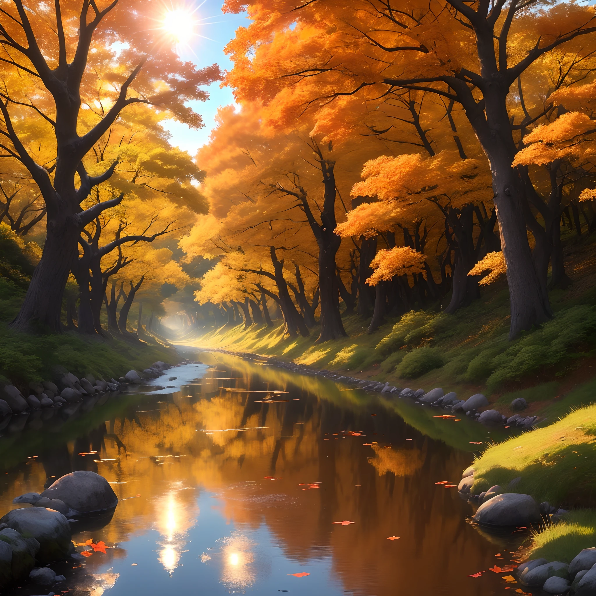 autumnal early morning Water Path momiji the morning sun