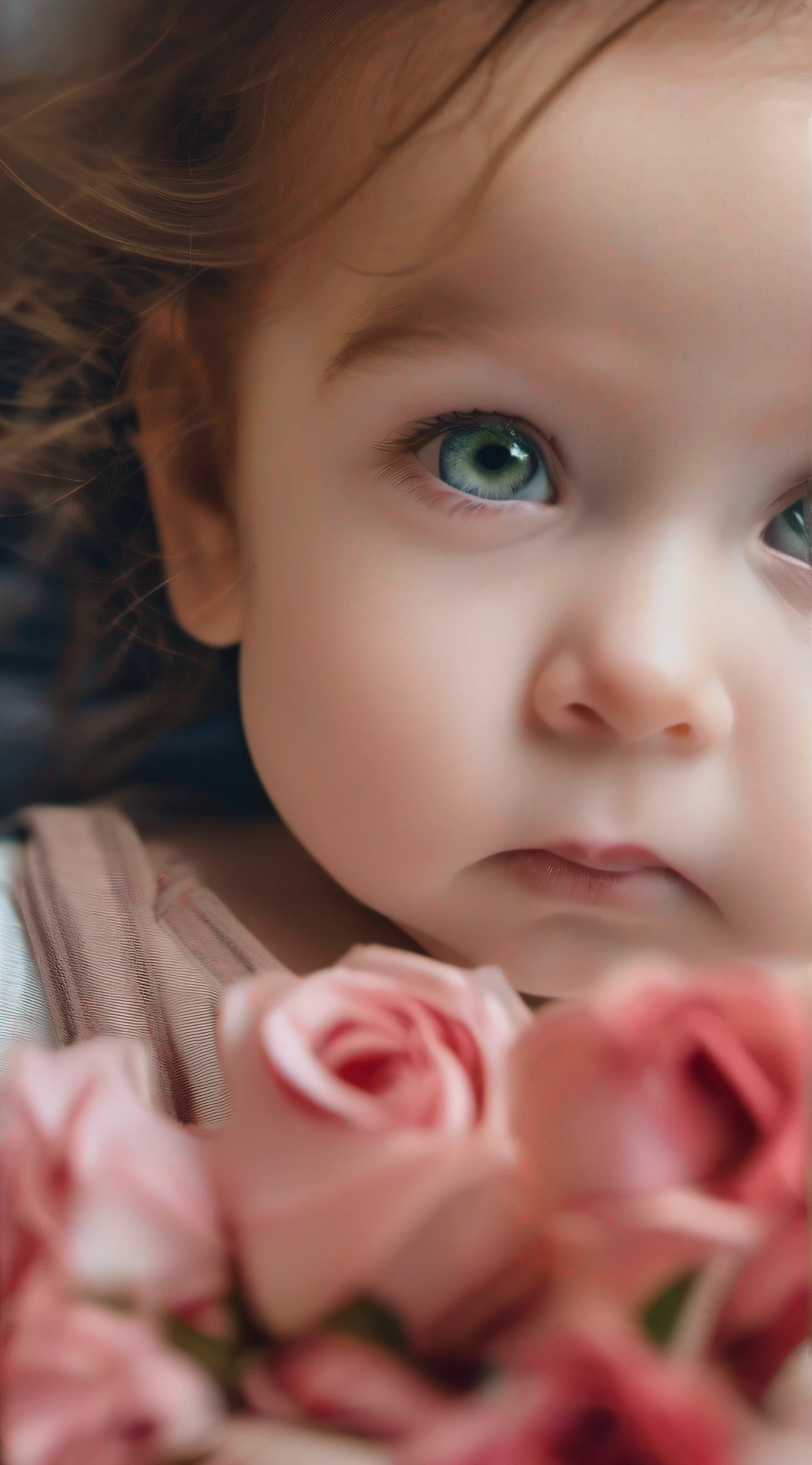 , baby girlndos olhos verdes, feliz, cabelos dourados, pele clara brilhante, panos coloridos bonitos, deitado na cama, Rosas vermelhas na cama, (Ultra High Definition), (Foto RAW, Realistic : 1.25)