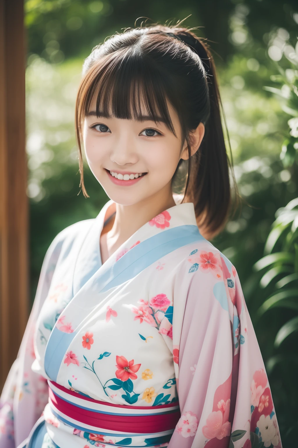 17 years old girl、Kimono、Yukata、Light-colored yukata、kyoto、Turn around、A slight smil、((top-quality、8K、​masterpiece：1.3))、foco nítido：1.2、An ultra-high picture quality、top-quality、​masterpiece、natural soft light、