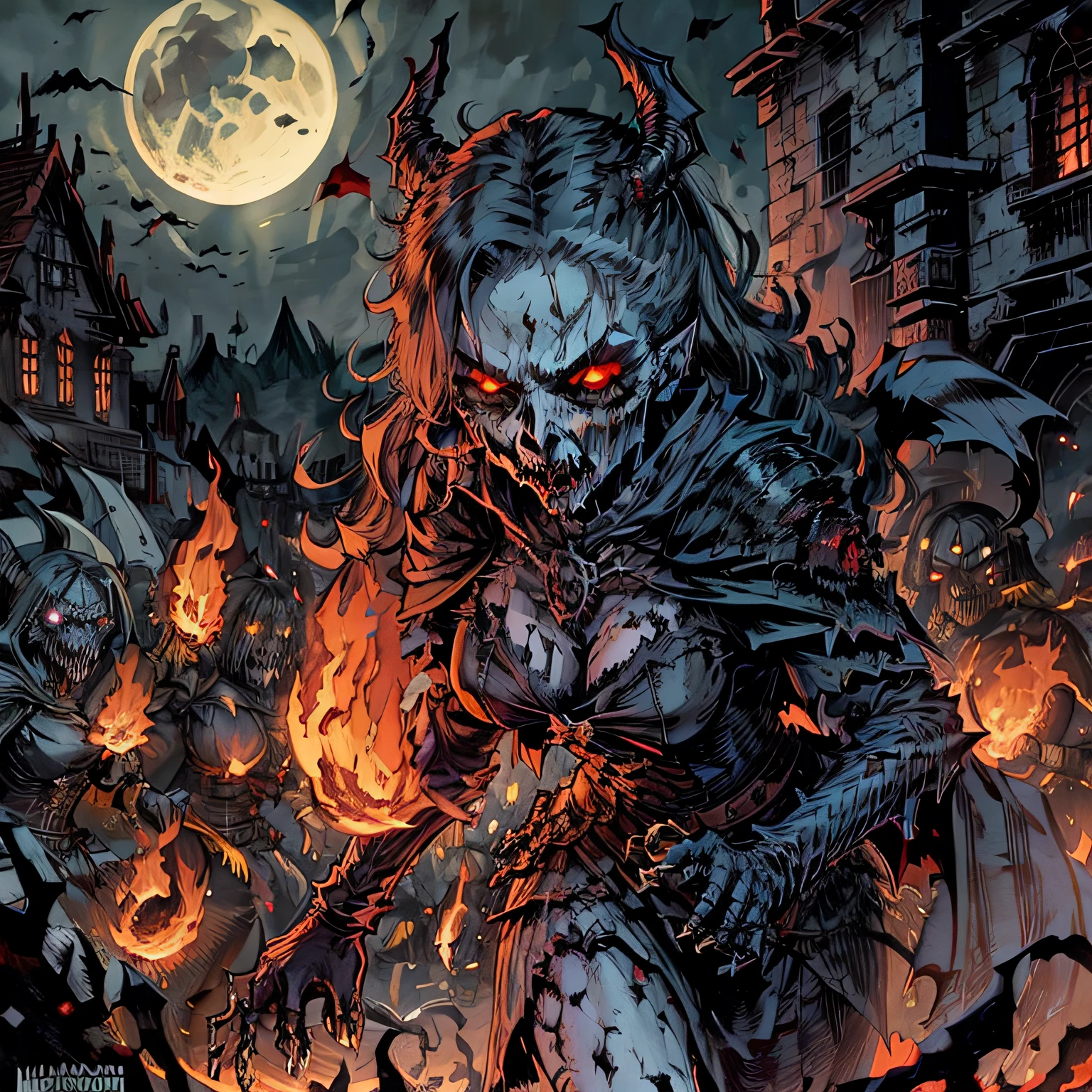 female undead fighting horde of vampires, moonlight, gory, blood all around, fire, flames, epic battle, night, open field, horizon