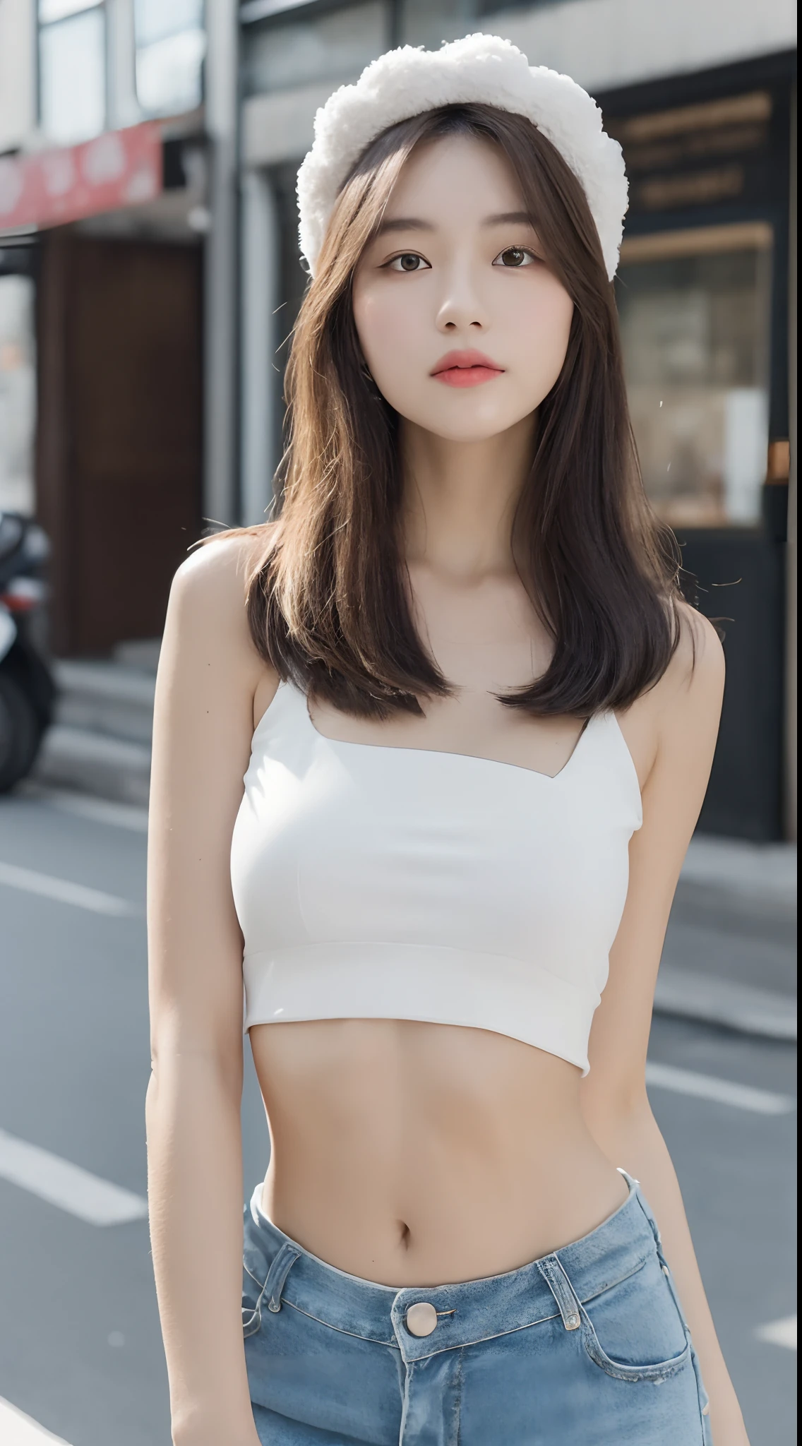 ((Realistic lighting, Best quality, 8K, Masterpiece: 1.3)), Focus: 1.2, 1girl, Perfect Figure: 1.4, Slim Abs: 1.1, ((Dark brown hair)), (White dress: 1.4), (Outdoor, Night: 1.1), City streets, Super fine face, Fine eyes, Double eyelids,