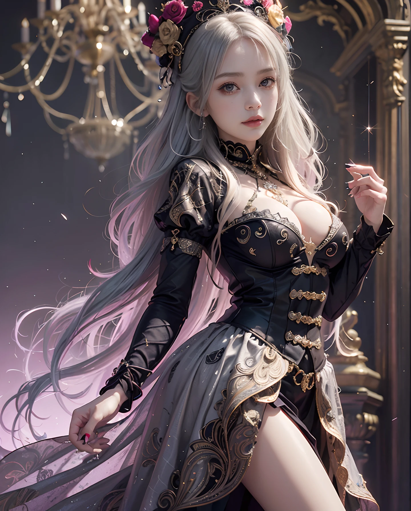 masutepiece、hight resolution、Paisley pattern wallpaper 、Gothic ta costumes、Intricately drawn paisley pattern、10,000 colors、colourfull、Craftsmanship、25 years old women、1girl with、9th class、Look at the viewer、smil、Silver hair、Okappa、Diamond brilliance、colorful decorations、Particles of light flutter、Detailed Gothic style、(maximalism:1.5)、diffuse lighting、(depth of fields:1.8)、gothic lorita、Diffuse reflection of light、((Background ratio:65%)、high-heels、The background is a temple、The background is a beautiful chandelier inside the castle、Glitter background、