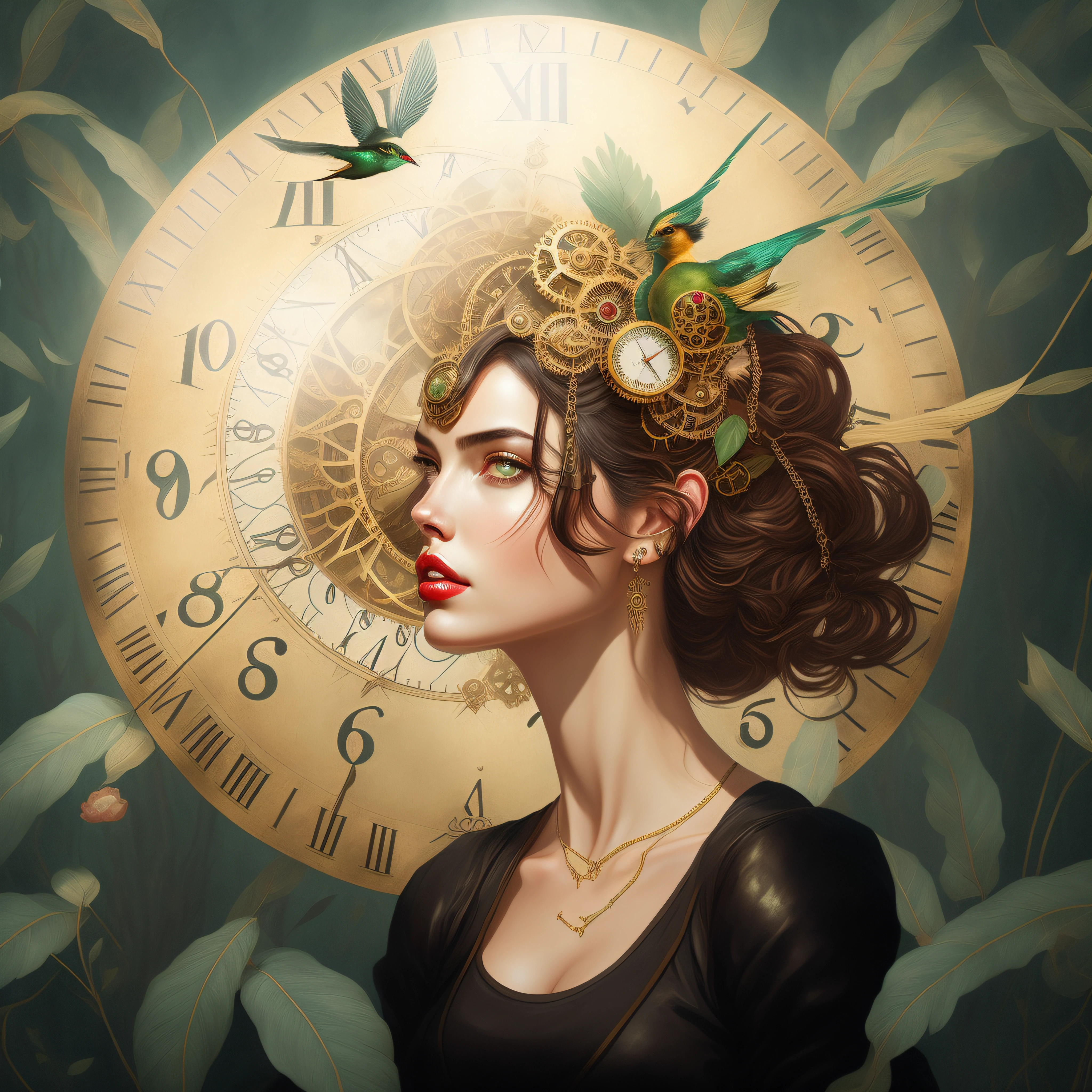 there is a woman (Adriana Lima :1.1)  red lips, green eyes, with a clock and a bird on her head, goddess of time, clockwork woman, steampunk beautiful anime woman, a steampunk beautiful goddess, exquisite digital illustration, stunning digital illustration, a beautiful artwork illustration, detailed steampunk illustration, beautiful fantasy art portrait, steampunk illustration, clockpunk, digital steampunk art, beautiful digital illustration, fantasy art portrait