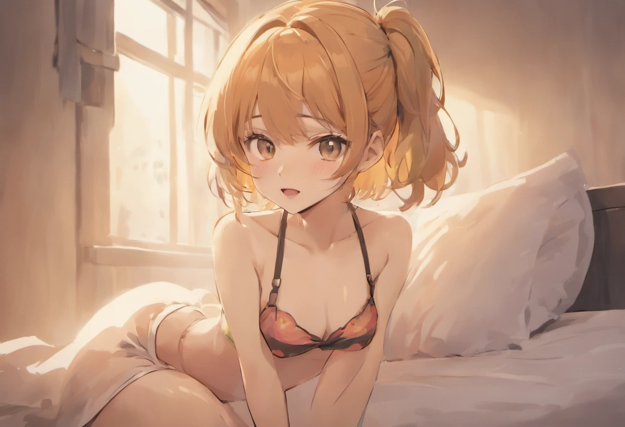 cute anime girl, pixie cut, perfect body, younger, hazel eyes, black hair, huge breasts, skinny, narrow waist,, sitting, crossed legs, white panties, collared shirt, pleated skirt, midriff, soft smile, facing viewer, (tan skin:1.3), crotch shot, messy hair, smiling, looking at viewer, sitting on bed, long sleeves, seamless clothes