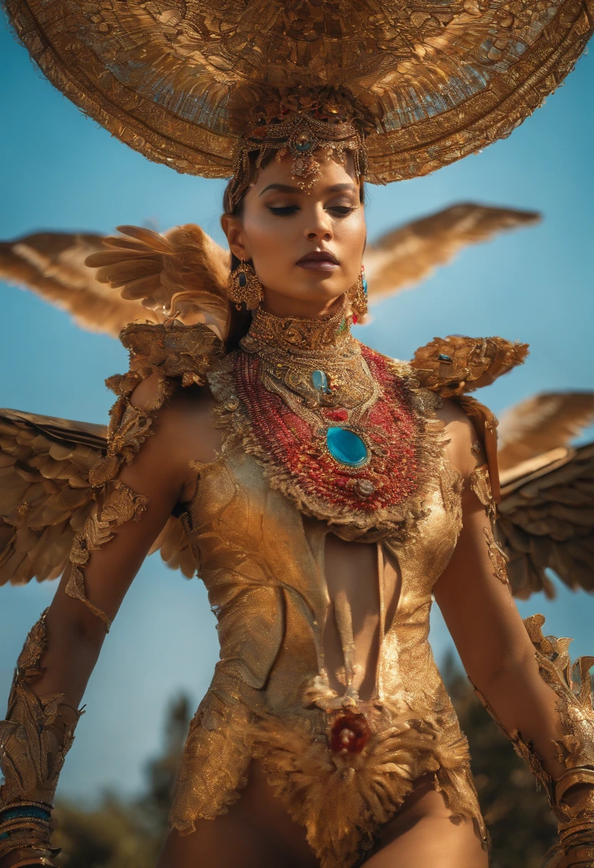 Korean butterfly woman with purple hair and headphones,wearing golden pharaoh's clothes and a pyramid background,fully body,fully body pés descalço