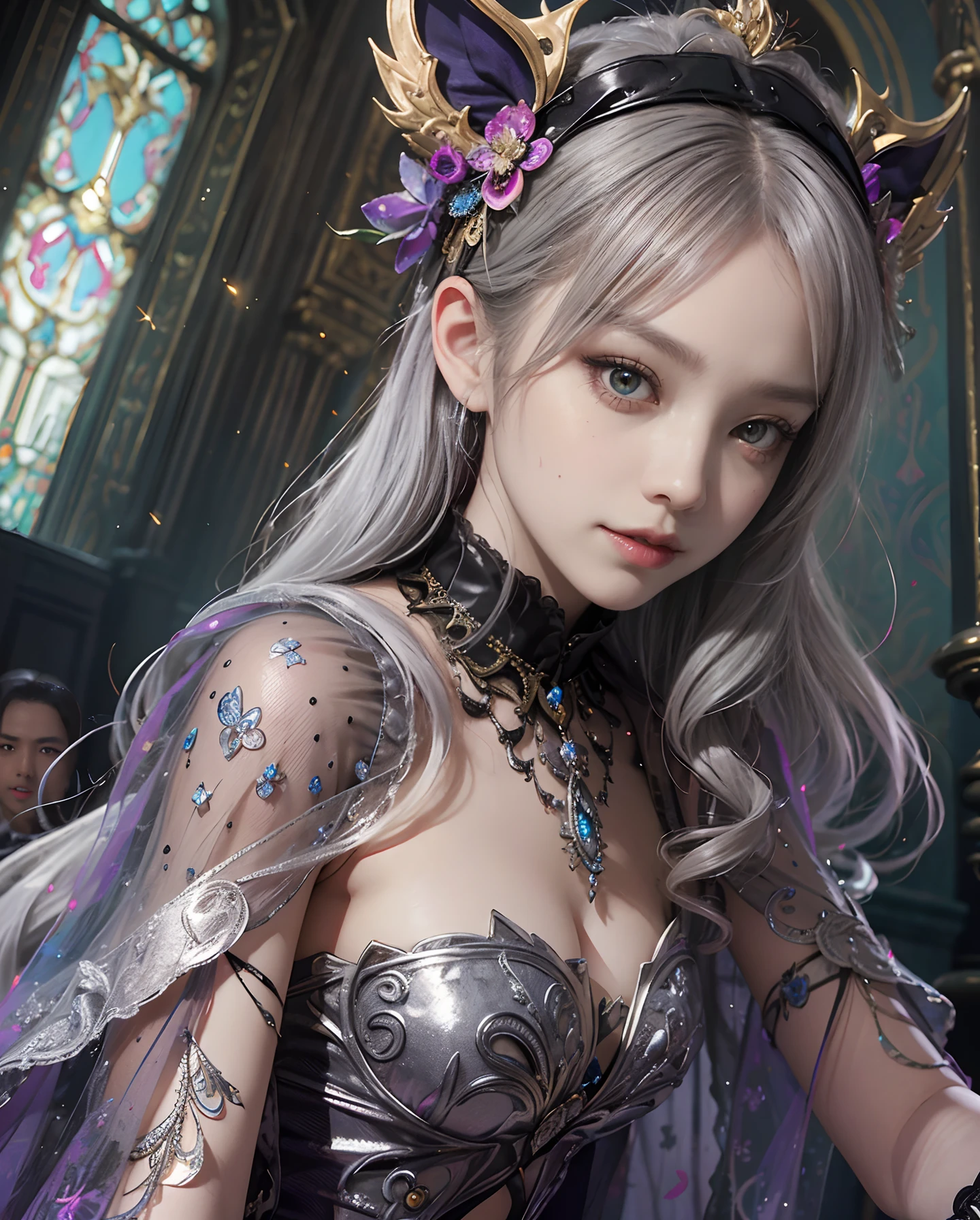 masutepiece、hight resolution、Paisley pattern wallpaper 、Gothic ta costumes、Intricately drawn paisley pattern、10,000 colors、colourfull、Craftsmanship、25 years old women、1girl with、9th class、Look at the viewer、smil、Silver hair、Okappa、Diamond brilliance、colorful decorations、Particles of light flutter、Detailed Gothic style、(maximalism:1.5)、diffuse lighting、(depth of fields:1.8)、gothic lorita、Diffuse reflection of light、((Background ratio:65%)、high-heels、The background is a temple、The background is a beautiful chandelier inside the castle、Glitter background、