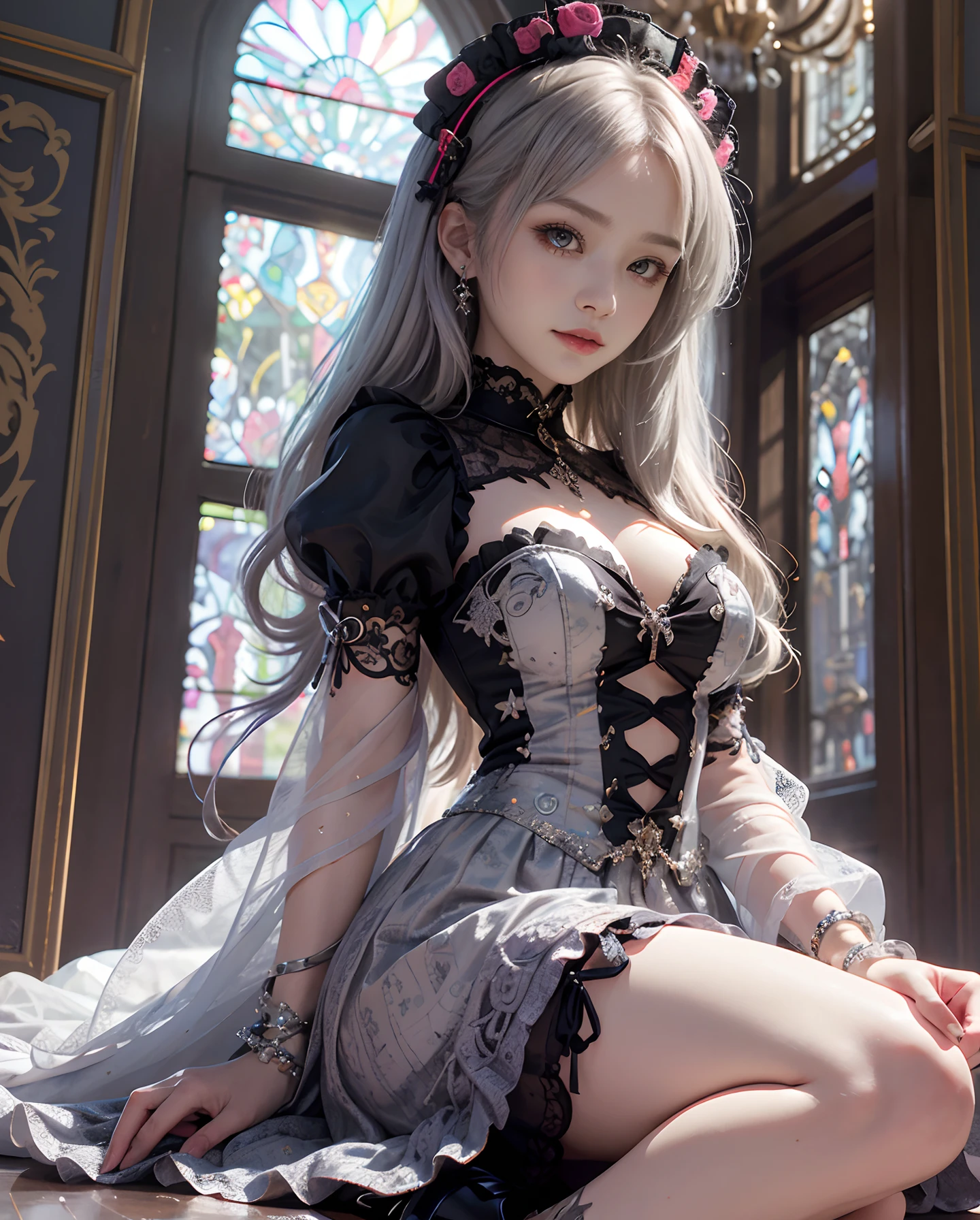 masutepiece、hight resolution、Paisley pattern wallpaper 、Gothic ta costumes、Intricately drawn paisley pattern、10,000 colors、colourfull、Craftsmanship、25 years old women、1girl with、9th class、Look at the viewer、smil、Silver hair、Okappa、Diamond brilliance、colorful decorations、Particles of light flutter、Detailed Gothic style、(maximalism:1.5)、diffuse lighting、(depth of fields:1.8)、gothic lorita、Diffuse reflection of light、((Background ratio:65%)、high-heels、The background is a temple、The background is a beautiful chandelier inside the castle、Glitter background、