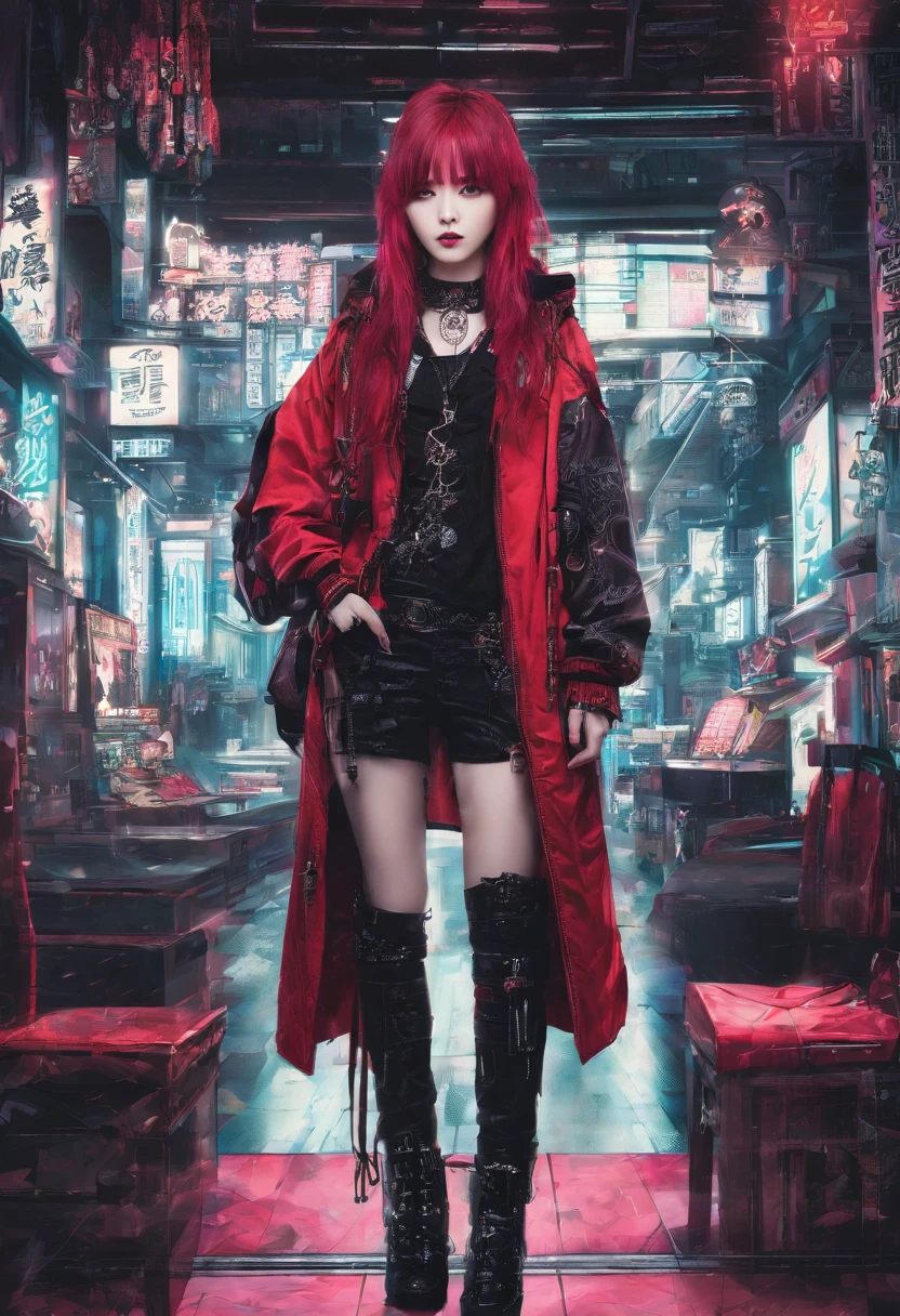 japanaese girl,pale skin,beatiful face,rose hair,red jacket Tokyo, with Cyberpunk style,Japanese streetwear,Tokyo Fashion,Wearing a Cyberpunk 2 jacket 0 7 7