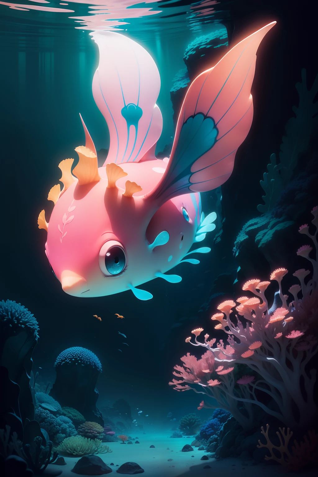 (cute,colorful,Nudibranch:1.1,pixar:1.1,corals:1.2,underwater:1.1),Ghibli studio style,2D illustration,ultra-vivid colors,soft shading,Nudibranch with playful and expressive eyes,naturalistic corals,whimsical underwater scene,dream-like lighting,carefully crafted details,happy and serene ambiance,Noir photography style