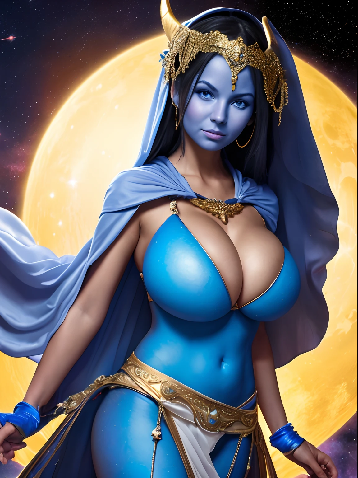 (masterpiece, top quality, best quality, official art, beautiful and aesthetic:1.2), (1girl:1.3), dark blue hair in braid, extremely detailed, portrait, looking at viewer, solo, (full body:0.6), detailed background, close up, (cool science fiction space theme:1.1), ((((blue skin)))), extremely busty sorceress, charlatan, mysterious, casting spells in space, four arms, revealing white and gold robes, fingerless gloves, long gloves, glowing magical energy, blindfold, elaborate headdress, golden ceremonial horns, sheer white fabric, elegant robes, skirts, streamers, cowl, cape, sandals, bracers, ((((gigantic breasts, cleavage, skindentation)))), slim waist, slim hips, long legs, athletic, SPACE, futuristic moon, (space exterior:1.1) background, dark mysterious lighting, shadows, magical atmosphere, dutch angle