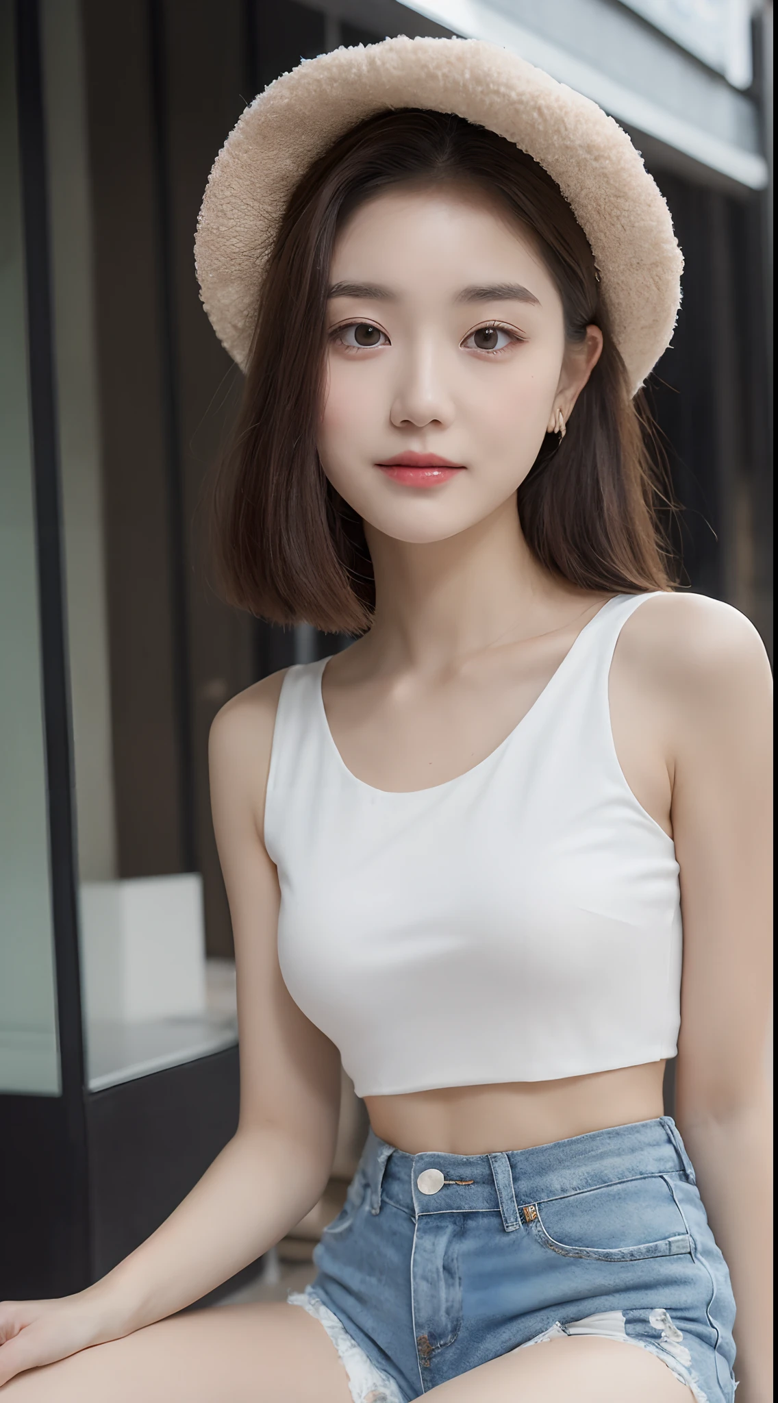((Best Quality, 8K, Masterpiece: 1.3)), (Flower Cap: 1.3), Focus: 1.2, Perfect Body Beauty: 1.4, Buttocks: 1.2, (Layered Haircut: 1.2)), (Dark Street: 1.3), Highly Detailed Face and Skin Texture, Full Body, Delicate Eyes, Double Eyelids, Whitened Skin, Long Hair, (Round Face: 1.5), (Loose Crop Top, Shorts: 1.6)