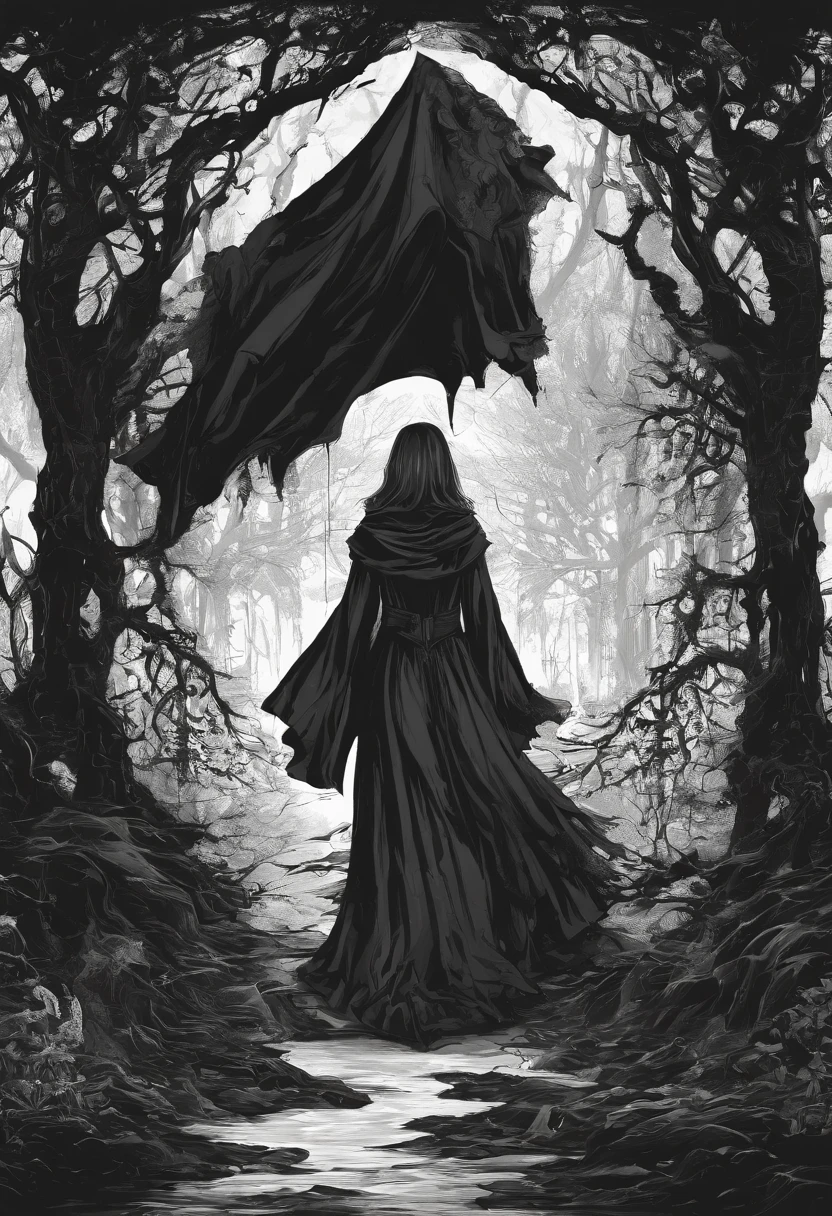 Woman in black dress and long coat, standing on a black carpet, Yohji Yamamoto, Woman in a black robe, Dark flowing robe, Dark coat, Dark clothing, Dark clothing, dark and horror style, Dark, Dark art robes, Gothic coat, Woman in the Dark Forest, in a dark robe, with a long black cape, Dark Robe