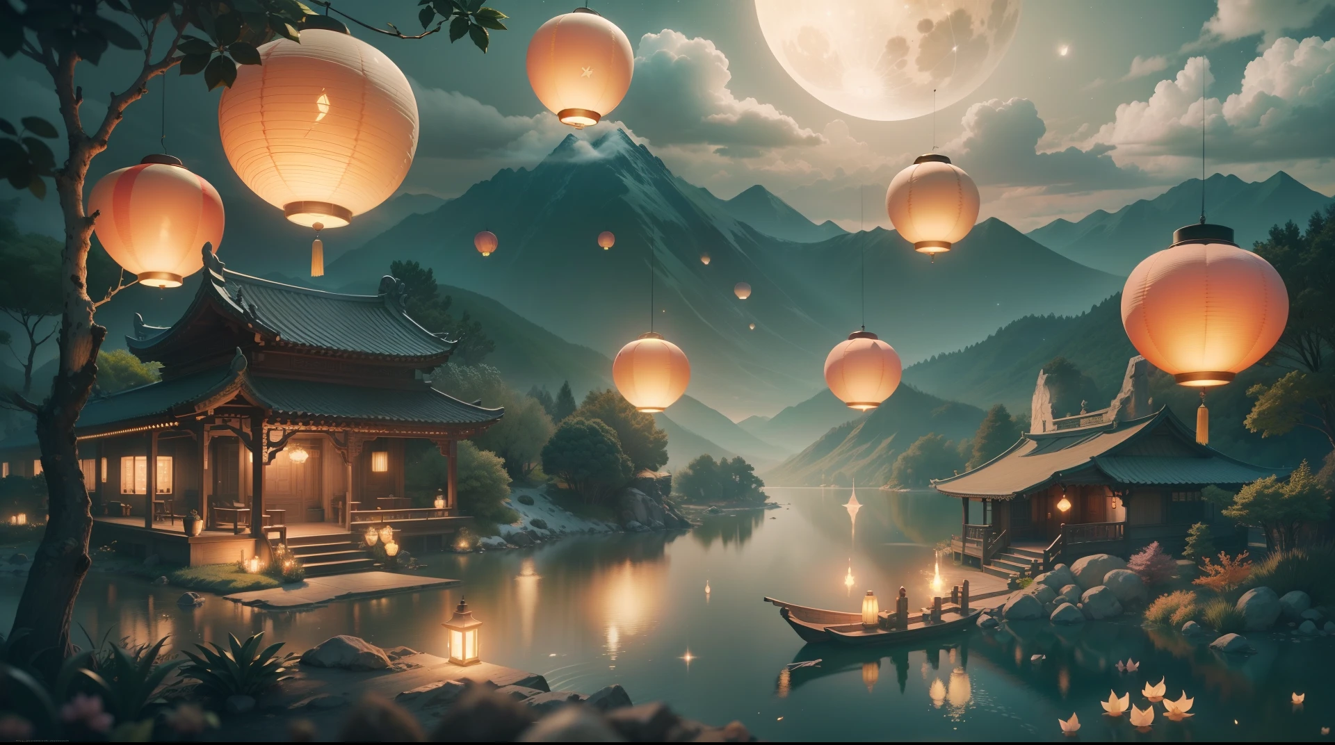 tmasterpiece,Best quality at best,(Very detailed CG unity 8K wallpaper),(Best quality at best),(The best illustrations),paper lanterns、China-style、inside in room,Panoramic window sills、(Huge Full Moon、super moon、In the middle of thepicture)、Far Mountain、Cloud、aquarelle、lakes、As estrelas、meteors、poster for、(glowworm),butterflys,edgBunny,Kongming Lantern,(with light glowing),(Particle effect), Isometric 3D, Octane rendering, Ray traching, ultra - detailed