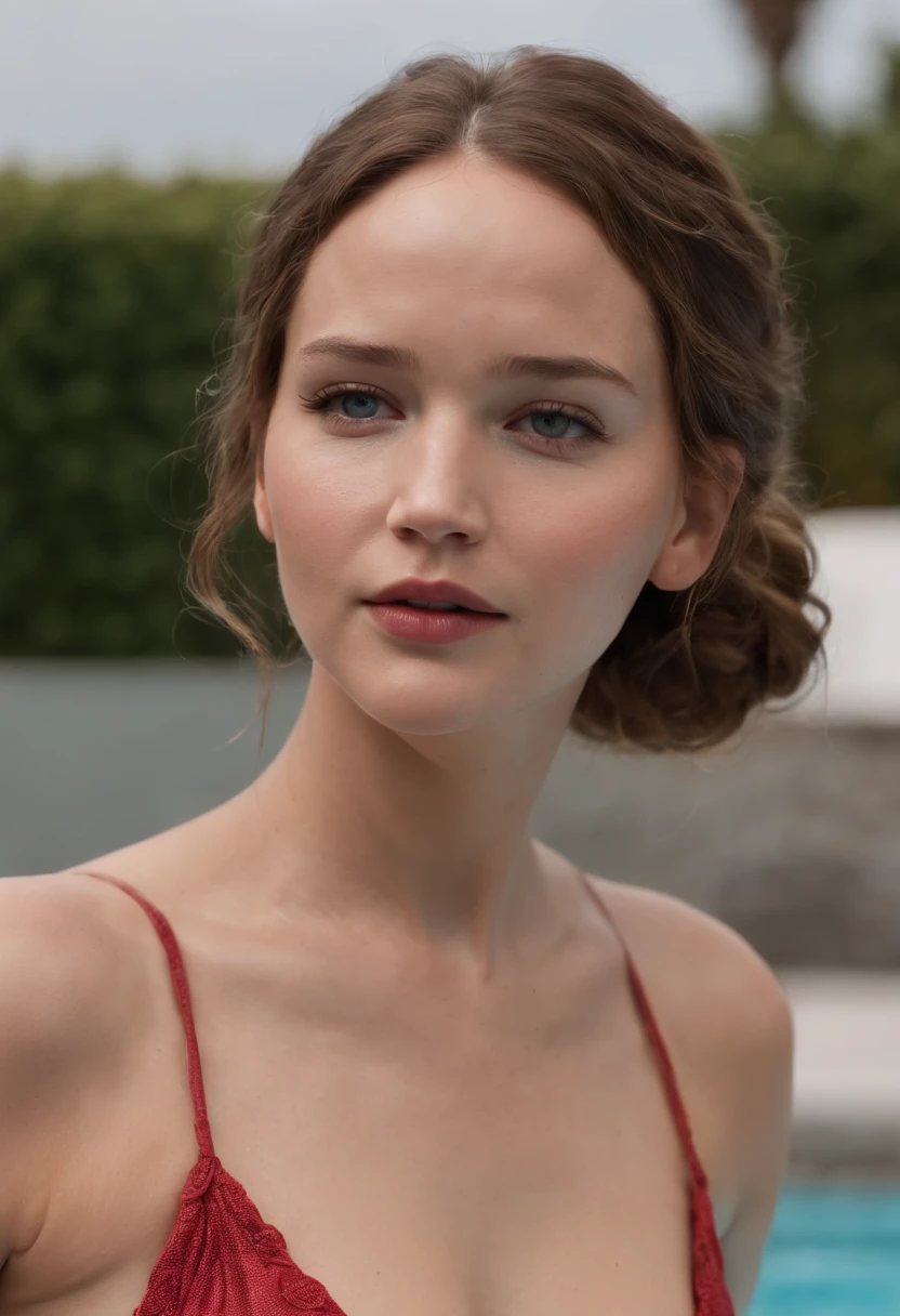 Jennifer Lawrence con bikini rojo, cuerpo entero en una piscina