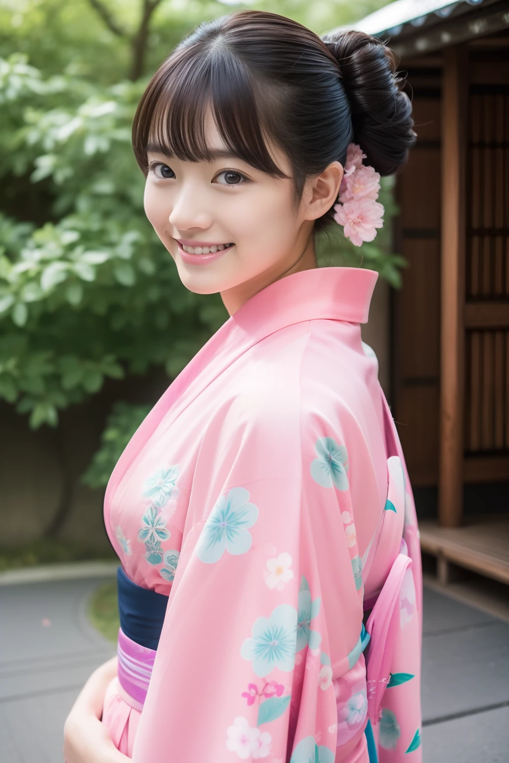 17 years old girl、 kimono、yukata、pinkcolor、kyoto、Turn around、A slight smil、A dark-haired、The upper part of the body、Beautuful Women、An ultra-high picture quality、top-quality、masterpiece、