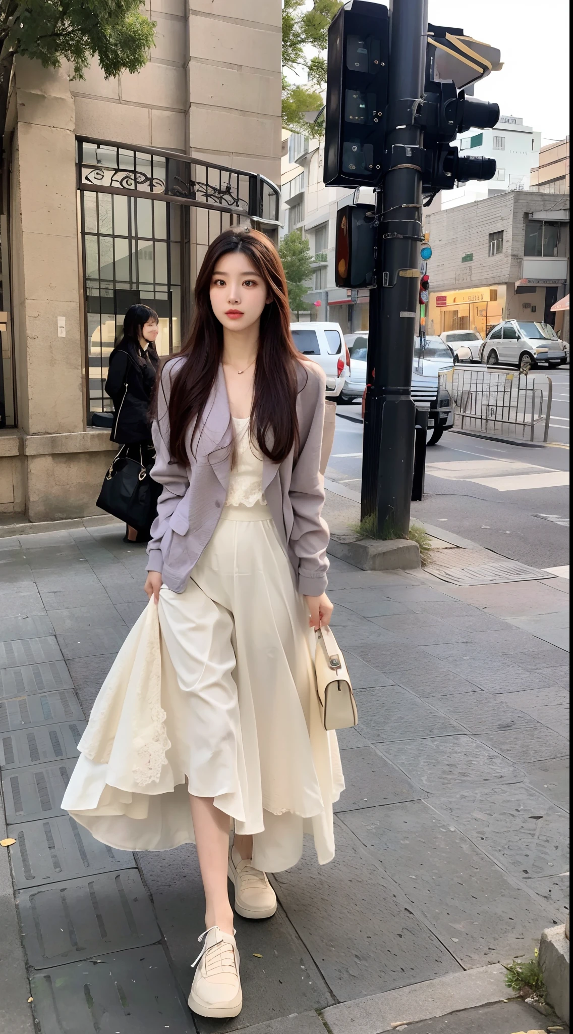 Alapi woman in dress and jacket standing on the sidewalk, CGCOSIETY, Gorgeous young Korean woman, Middle Metaverse, wearing white camisole, white lace clothing, korean women's fashion model, Lovely woman, gorgeous chinese models, photo of slim girl model, Lace, Beautiful young Korean woman, bae suzy, fancy top
