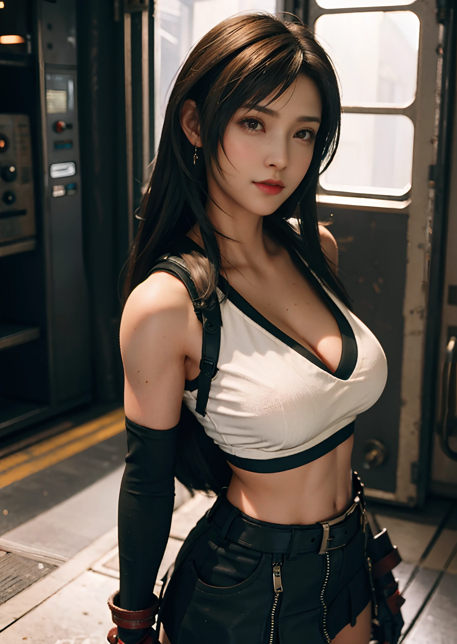 (realisticlying:1.4),top Quority,very fine and beautiful,A high resolution,1 girl standing inside the steel mill,tifa_lockhart,ssmile,cowboy lens,Harnes,Low Waist,mini-skirts,vests,Tension shirts,brunette color hair,long whitr hair,gloves on the elbow,Beautiful detailed red eyes,Face light,cinmatic lighting,nabel,High exposure,Abdominal exposure,the ribs,Abs,(gigantic cleavage breasts:1.2),dynamicposes,dynamic angle,