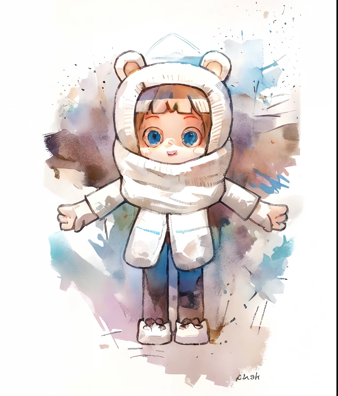 A drawing of a cartoon girl in a bear suit, Single character full body, full body single character, an animated character, character is standing, cute character, Full body character drawing, full body character, full character body, Pose(Arms up + cheerfulness), full body with costume, Full body picture, Anthropomorphic female, Female explorer mini cute girl, full bodyesbian!